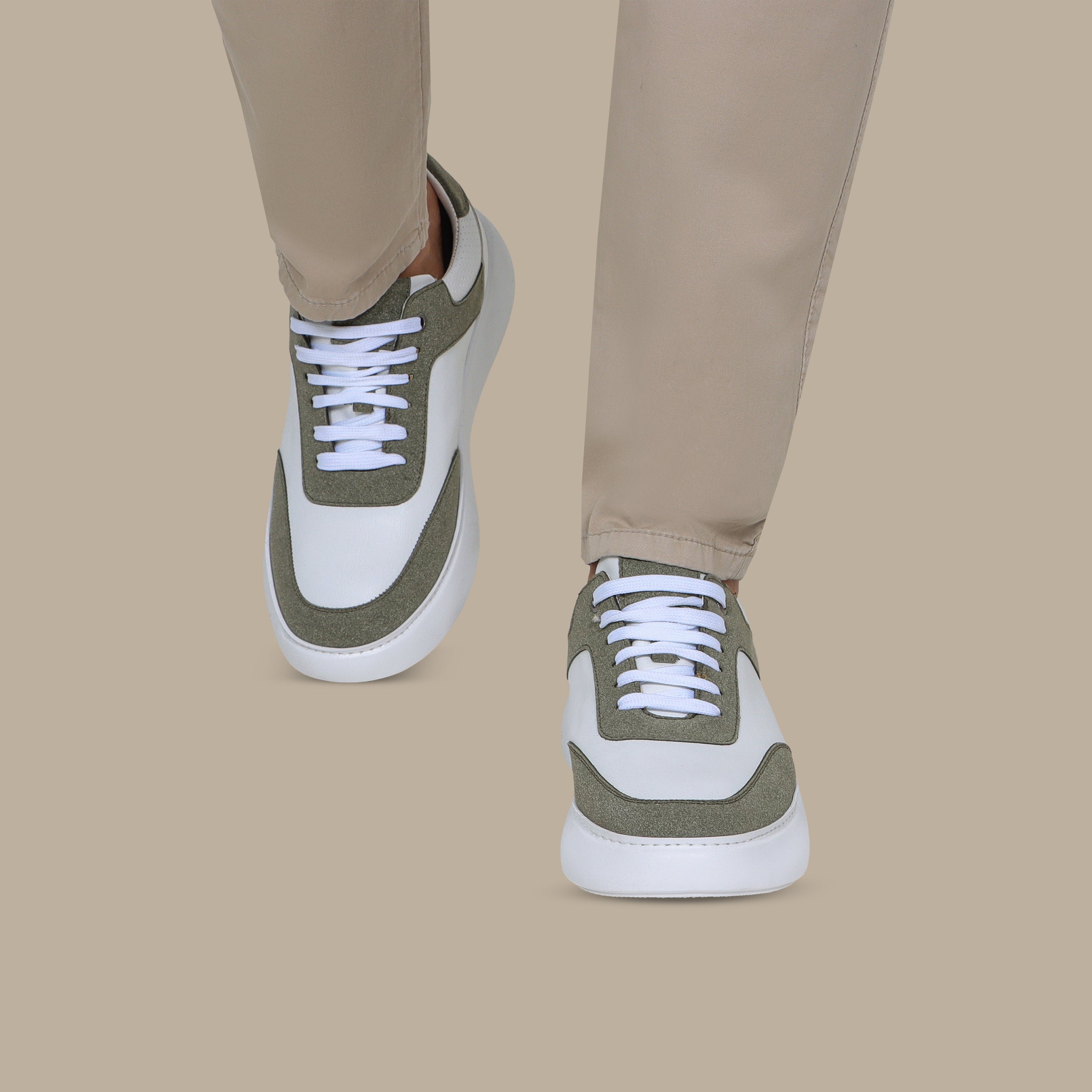 Retro Leather Trainers in Khaki & White