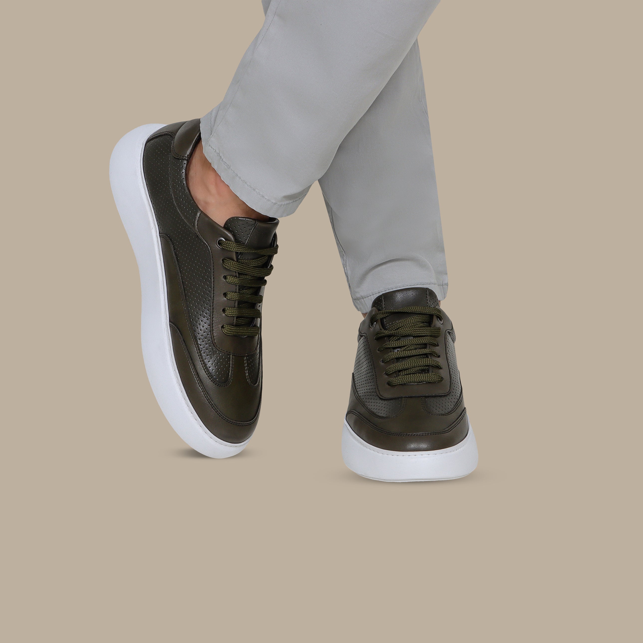 Khaki Dotted Leather Sneakers with White Sole