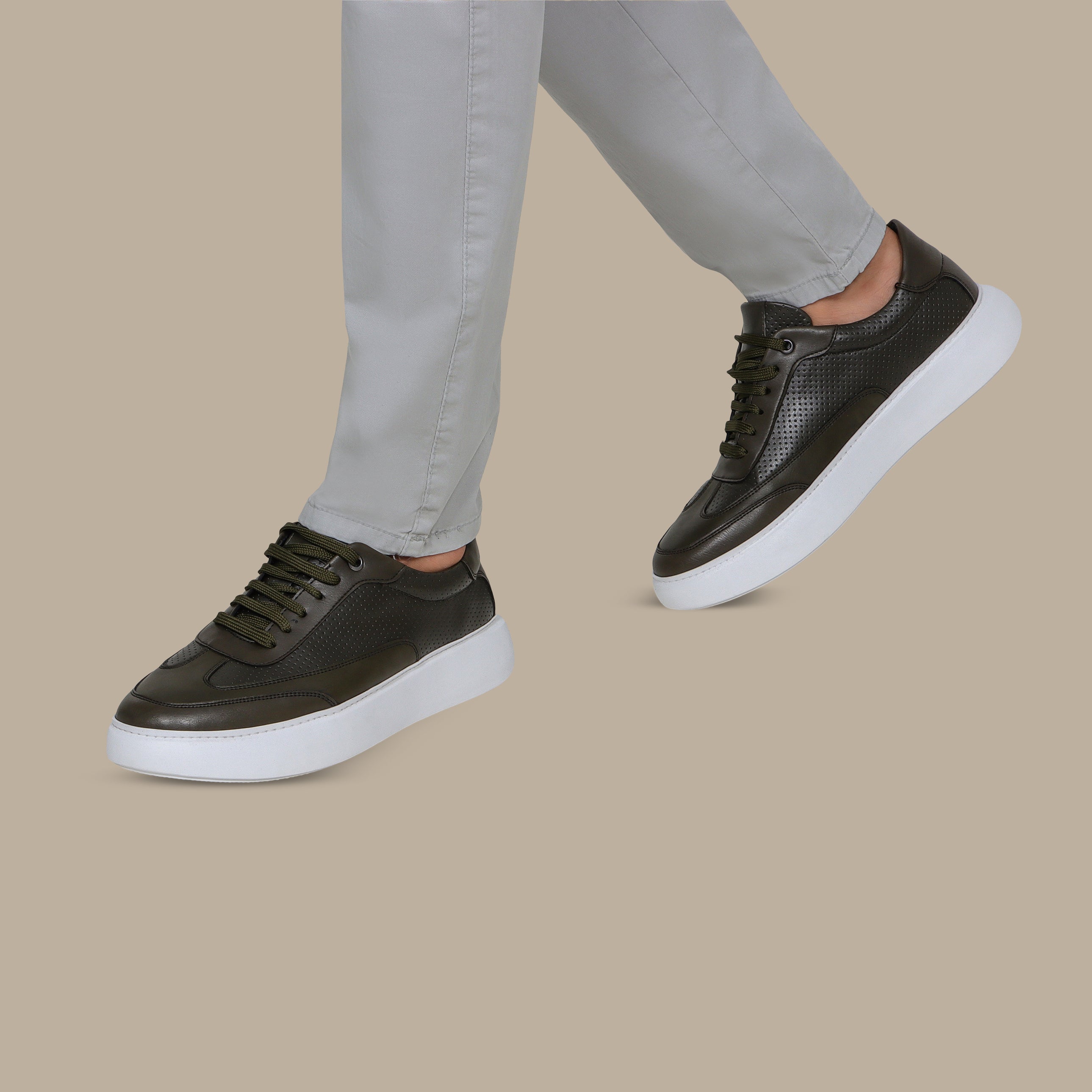 Khaki Dotted Leather Sneakers with White Sole