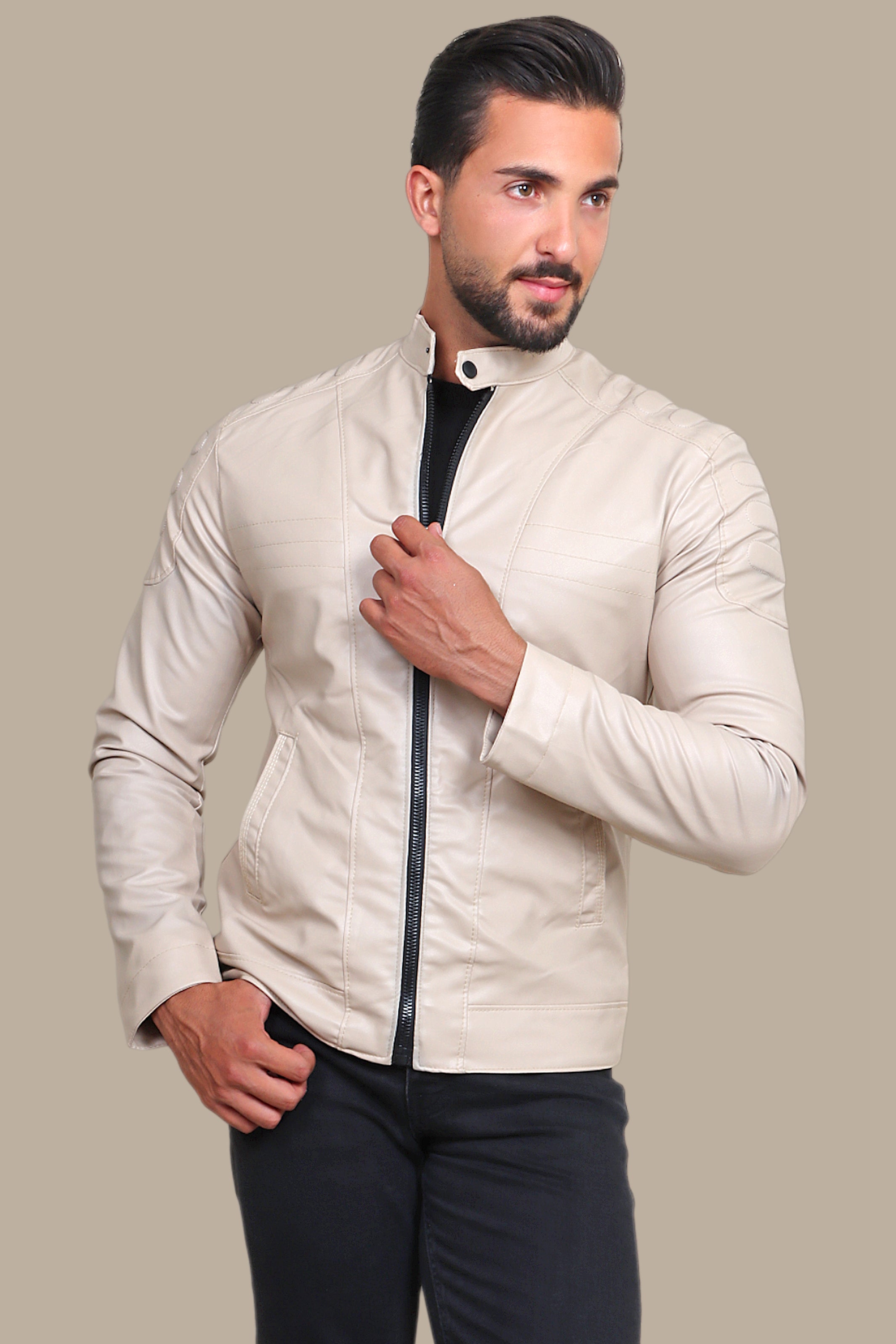 Beige Chic: Faux Leather Biker Jacket with Mao Collar
