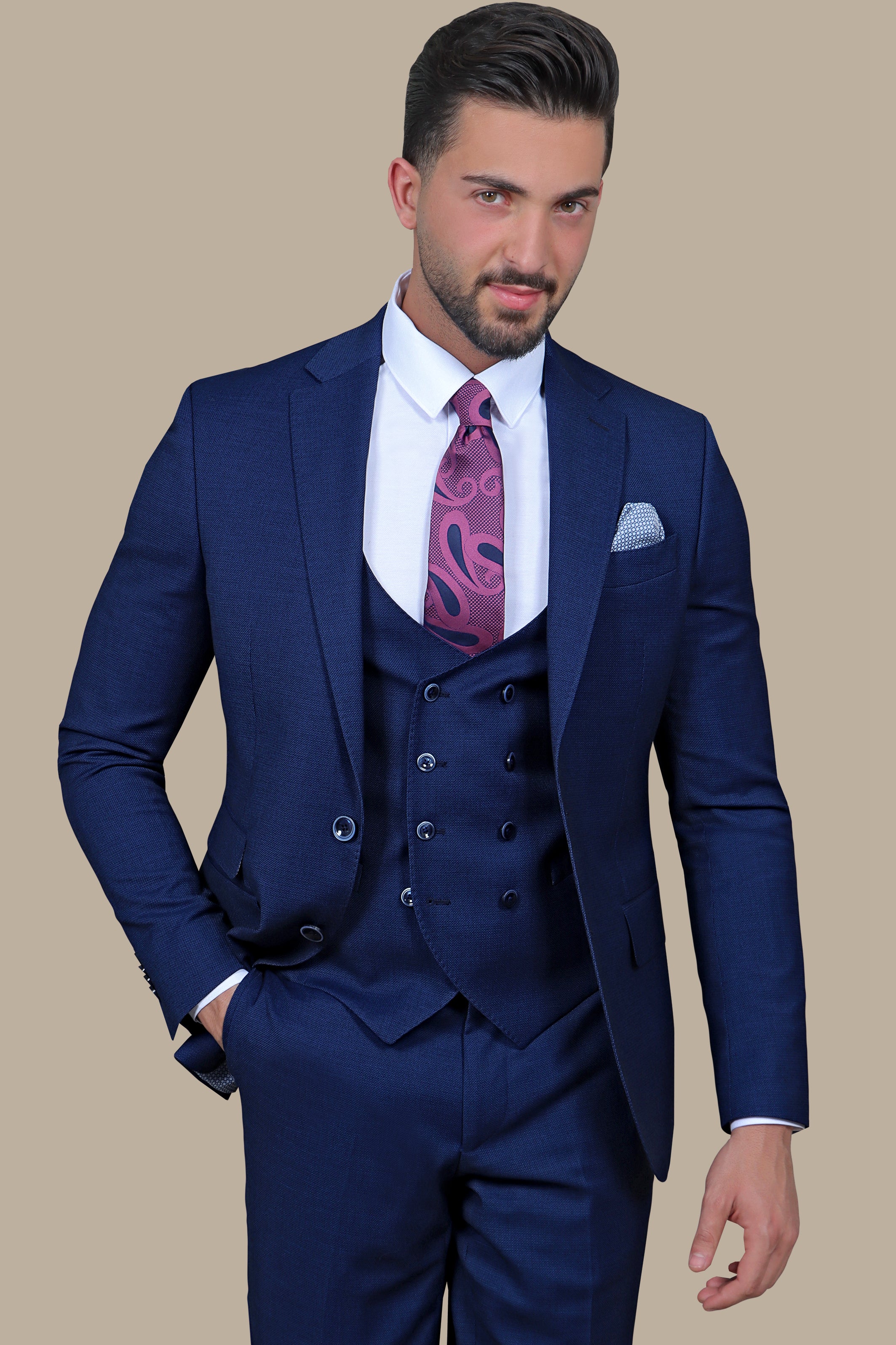 Navy Elegance: Filafil Lycra Notch 3-Piece Suit
