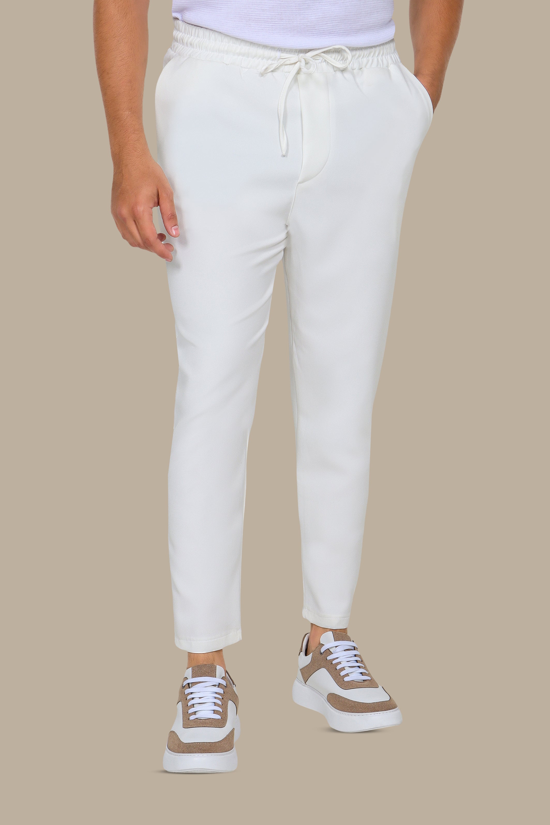 Chic Comfort: Elastic Waist Boyfriend Trousers in White