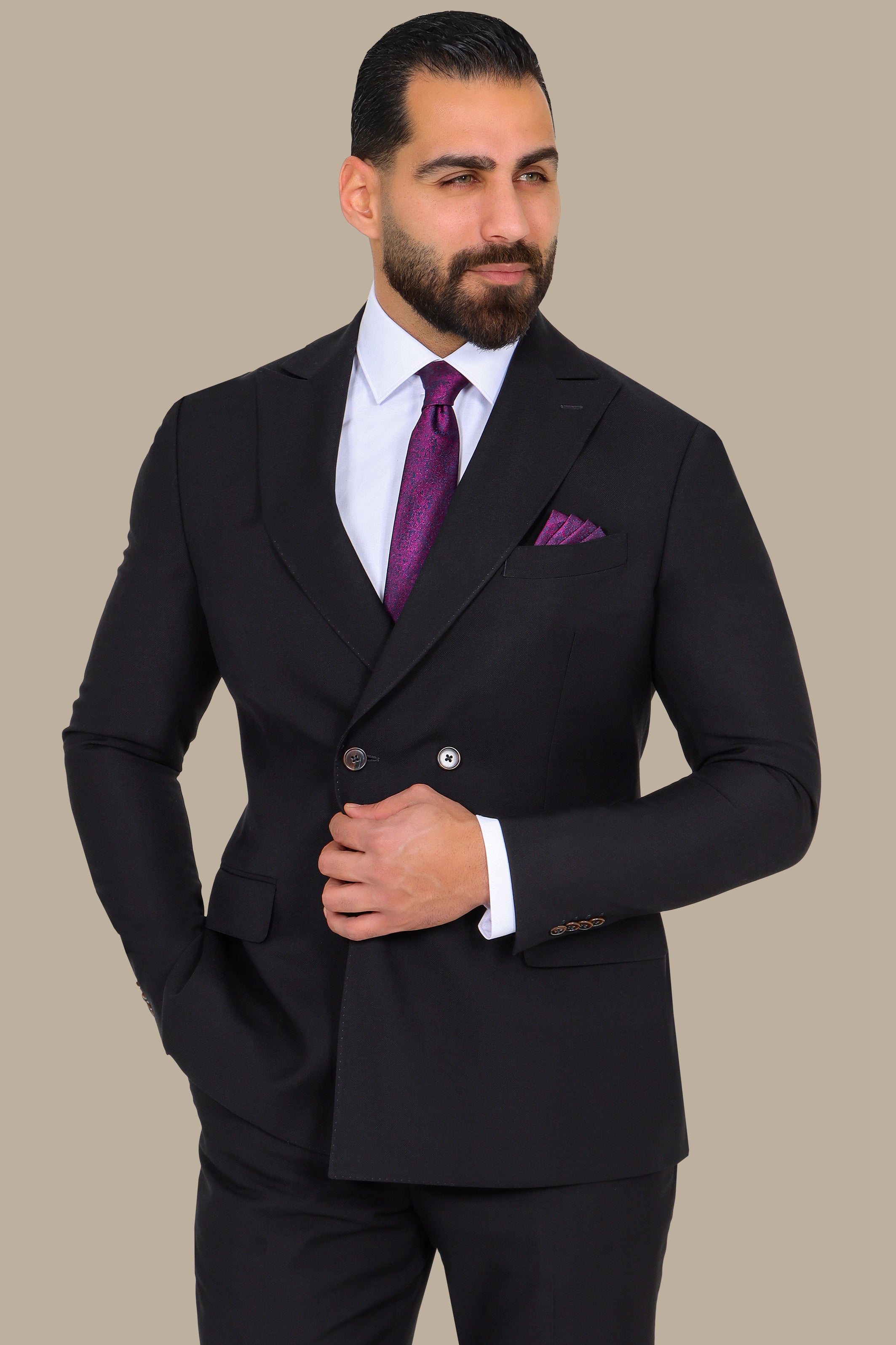 Black Piquet Double-Breasted Suit with Peak Lapel