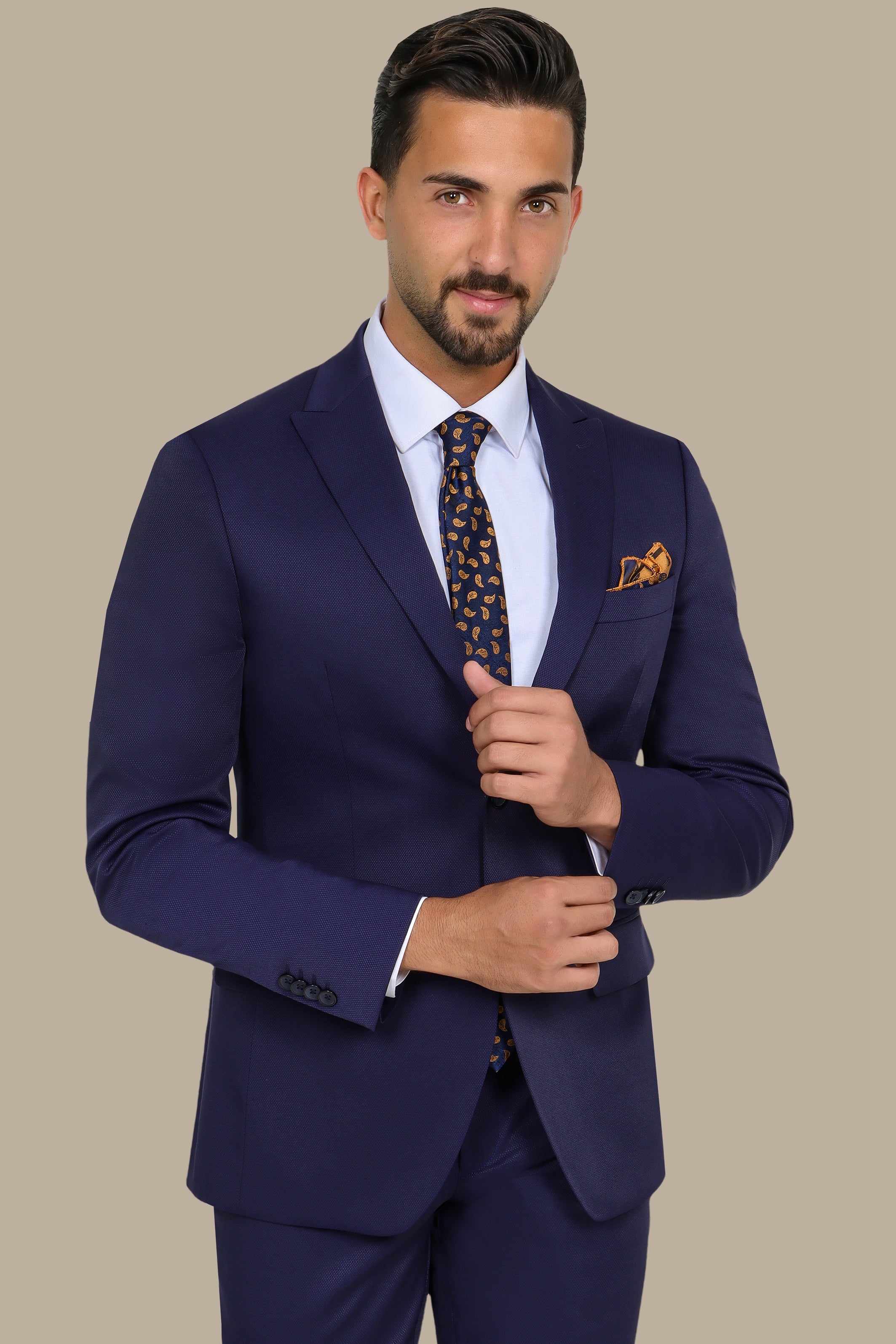 Midnight Texture: Navy Piqué Peak Lapel Suit