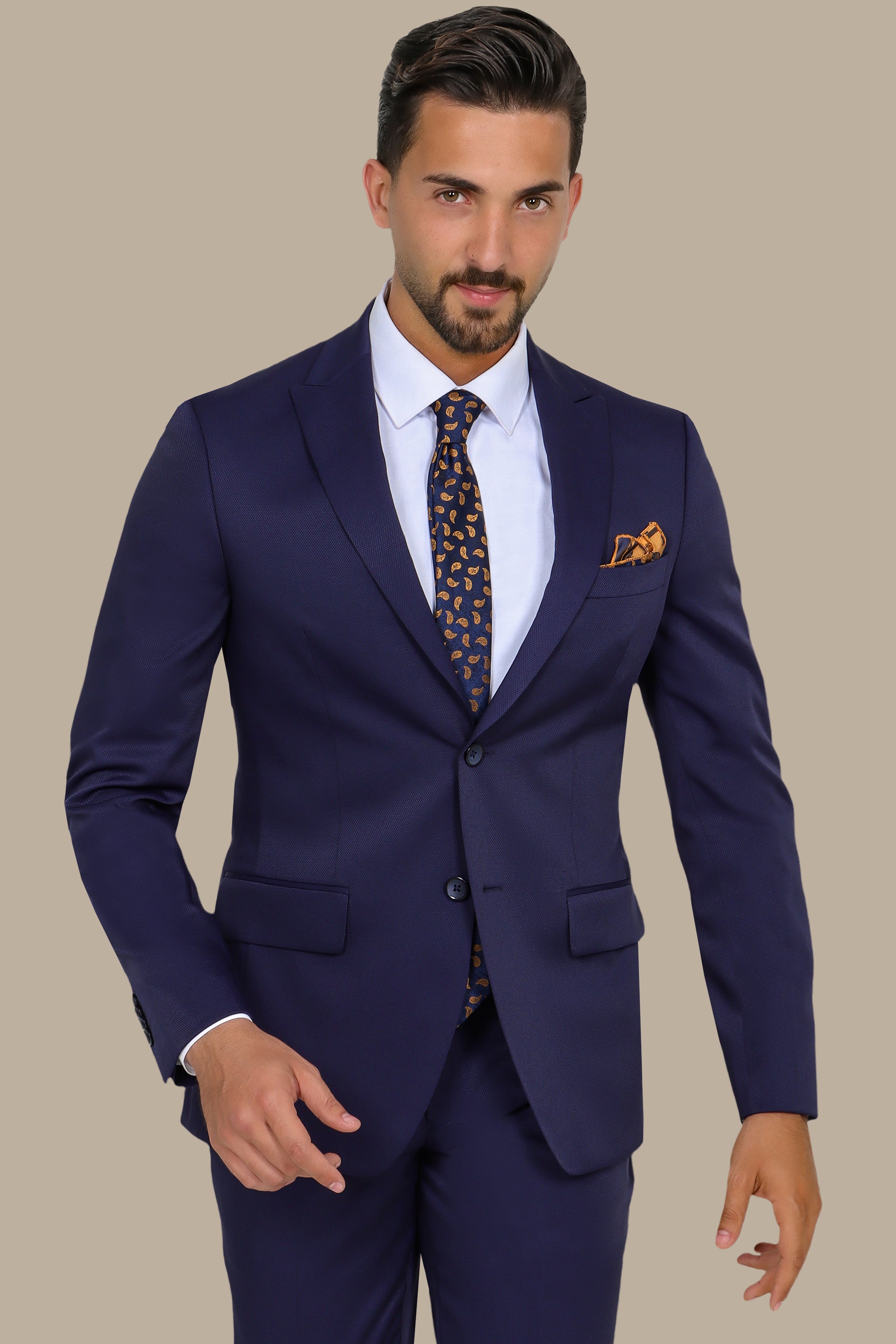 Midnight Texture: Navy Piqué Peak Lapel Suit