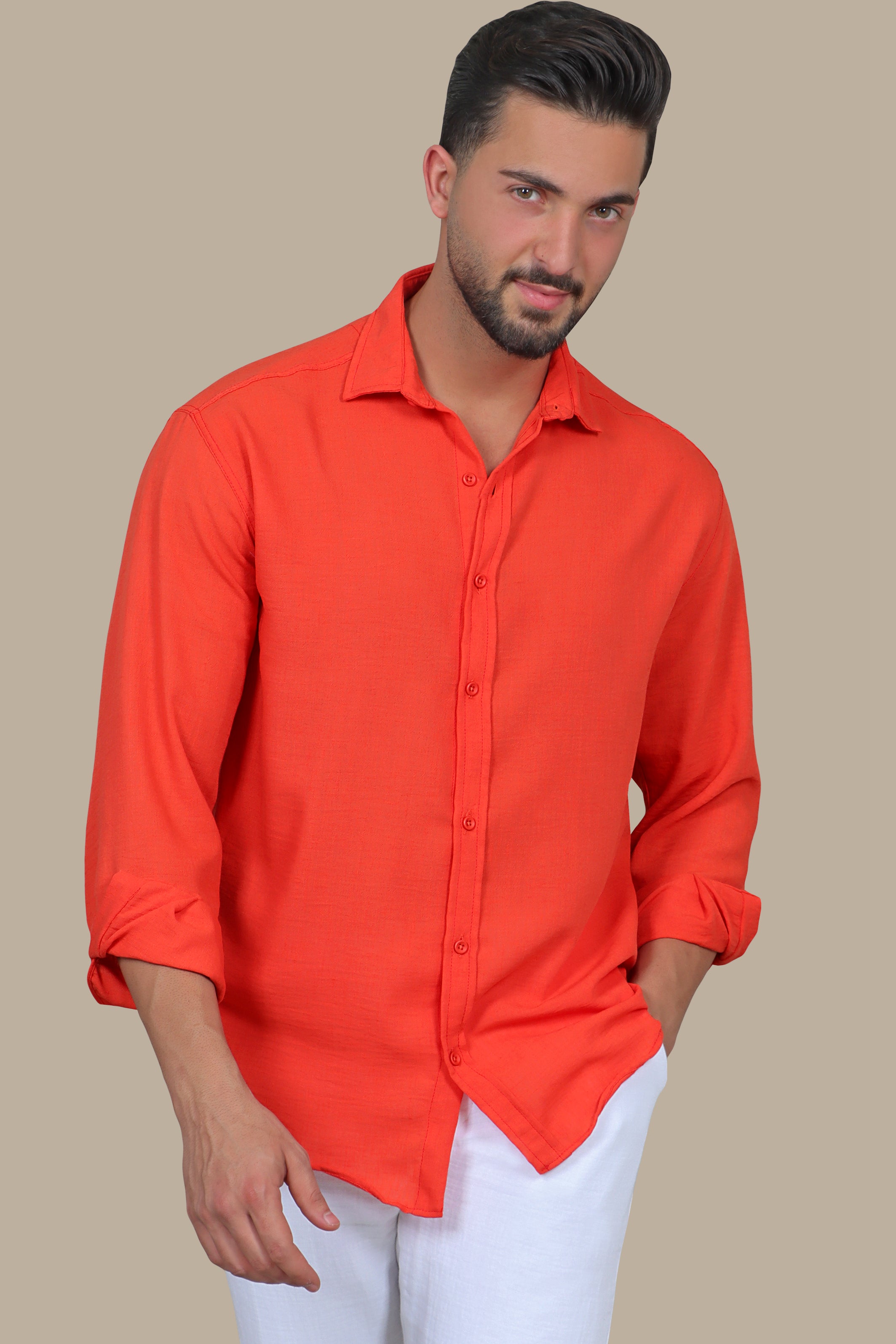 Coral Comfort: Long Sleeve Plain Linen Shirt