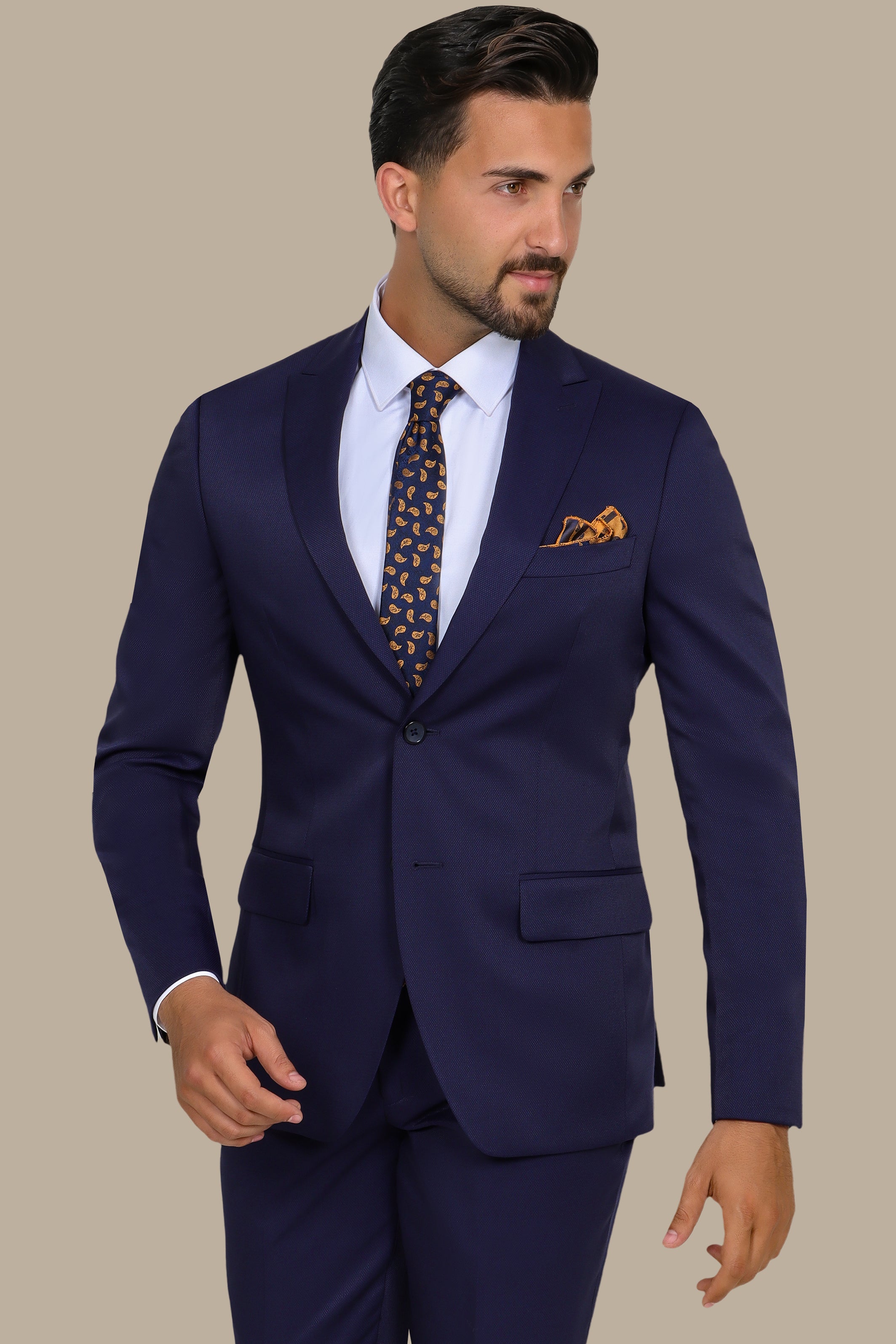 Midnight Texture: Navy Piqué Peak Lapel Suit