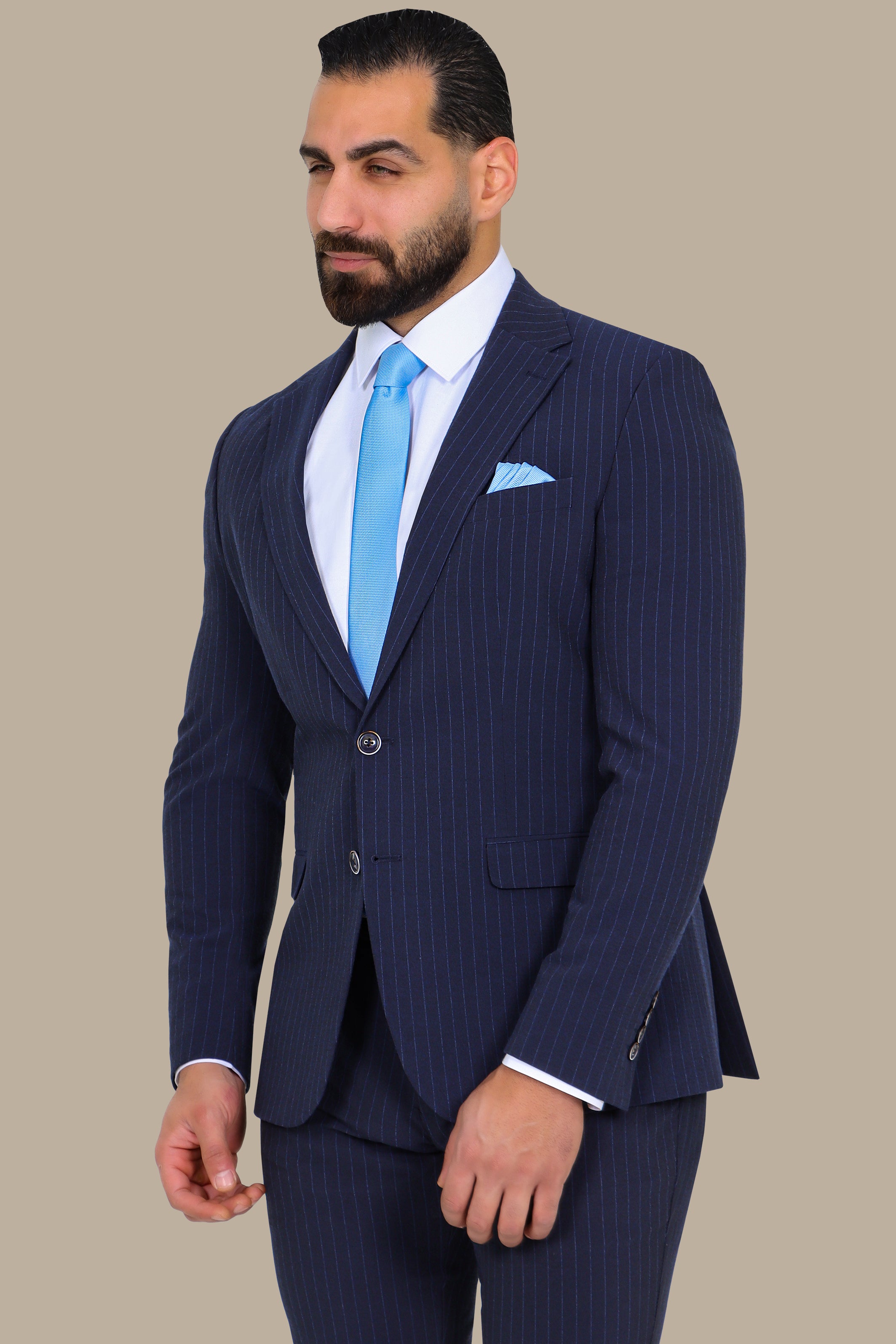 Travel Suit 2-Piece Navy Lycra Pin Stripes