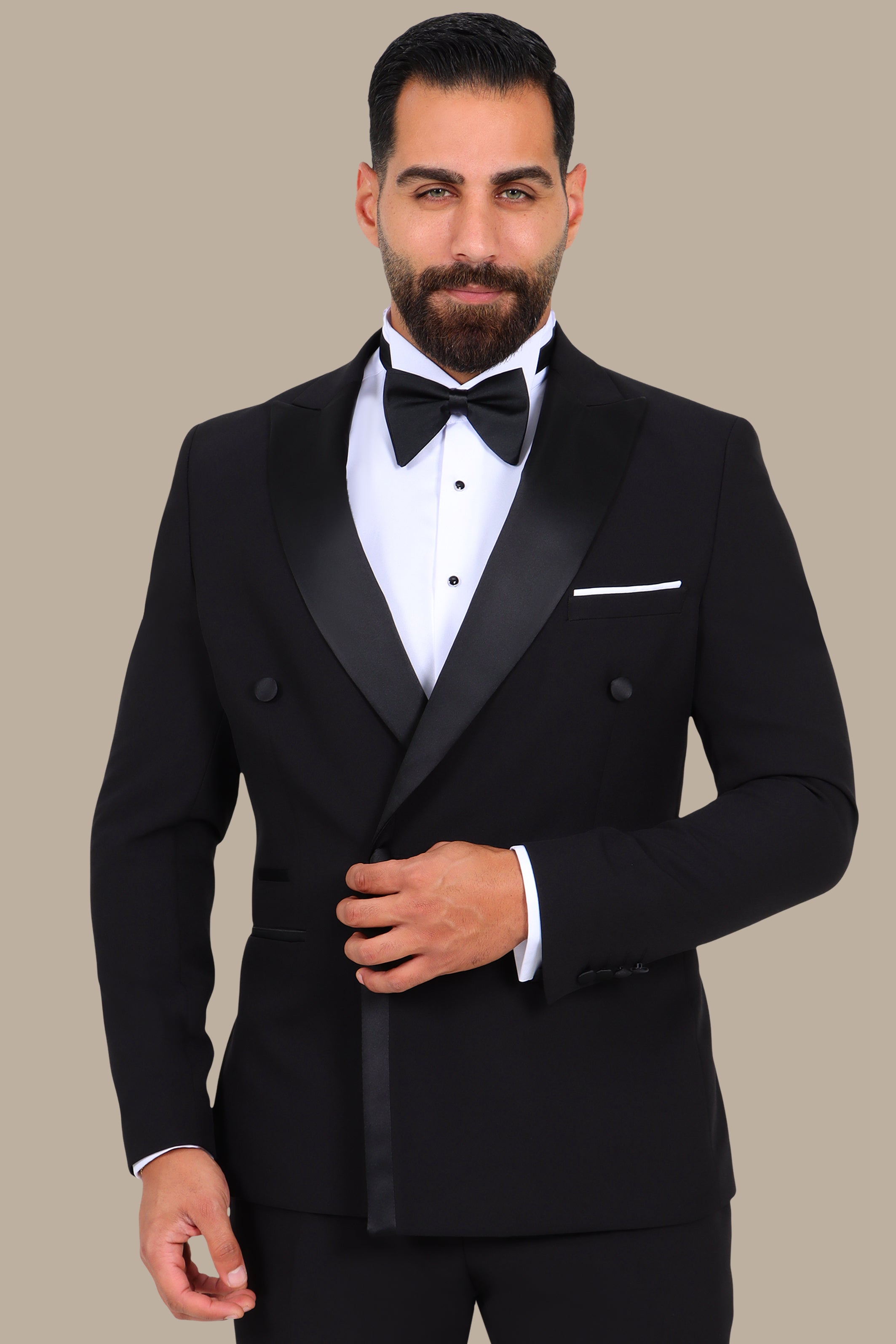 3-Piece Tuxedo Double-Breasted 4-Button Peak Lapel Black