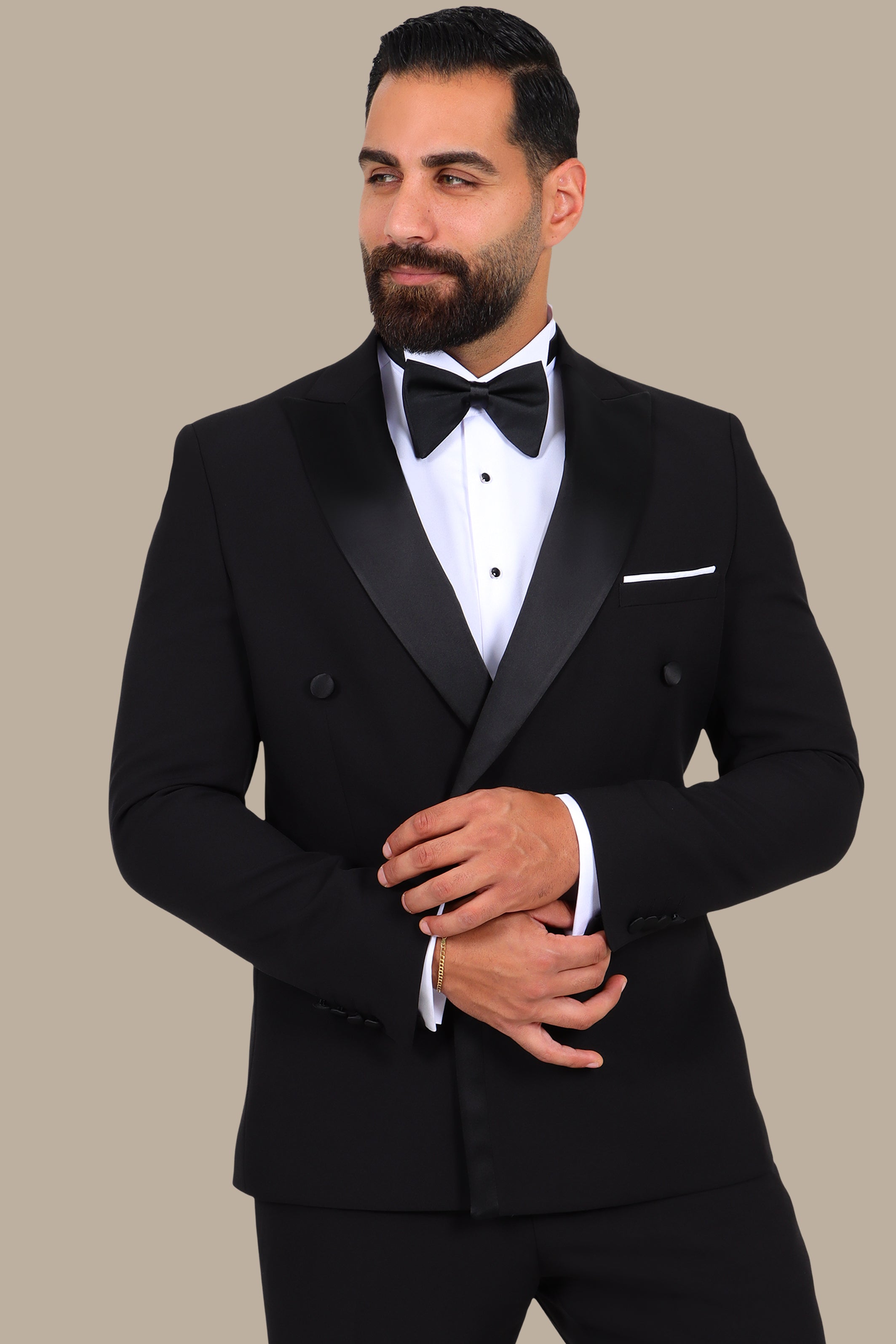 3-Piece Tuxedo Double-Breasted 4-Button Peak Lapel Black