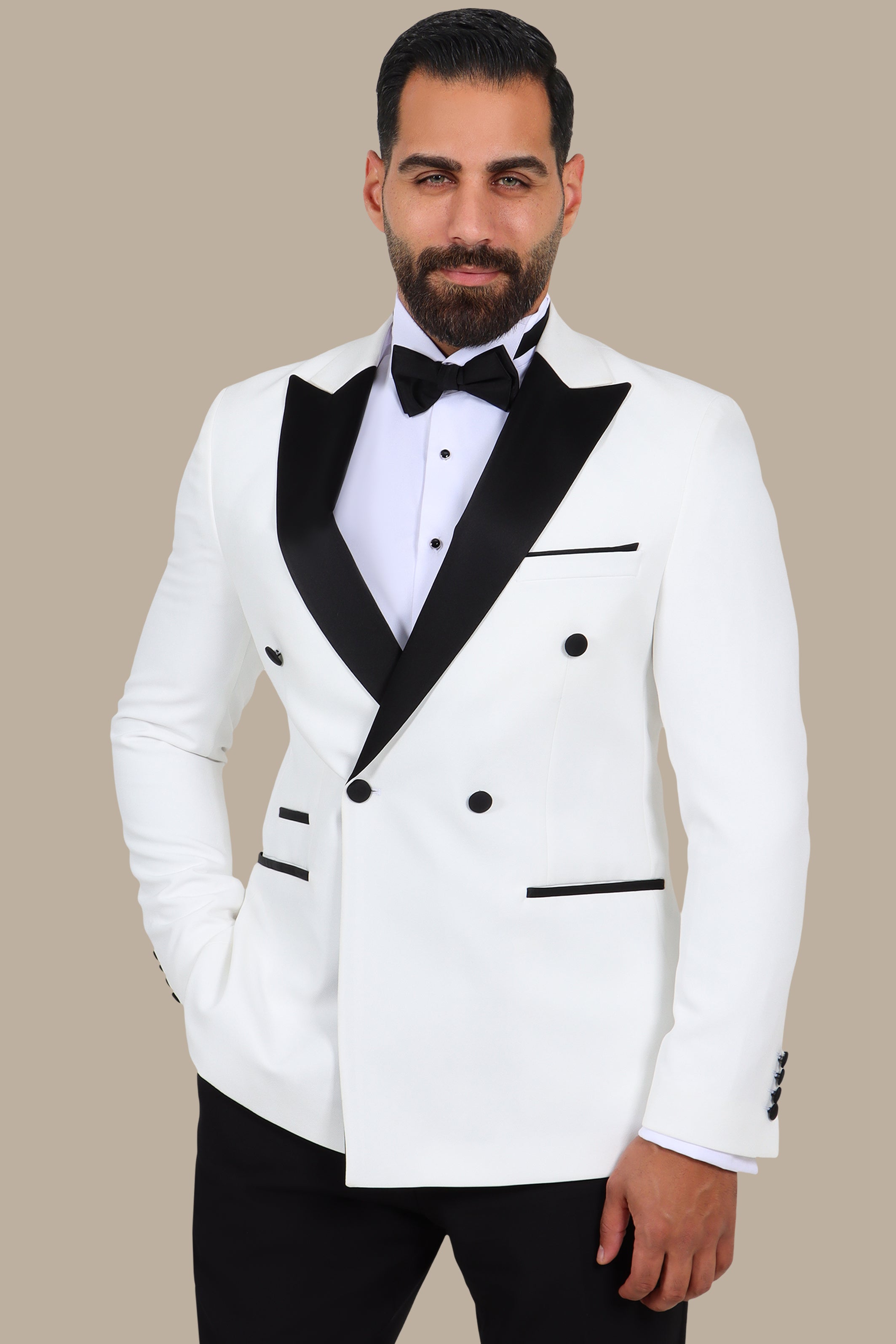 3-Piece Tuxedo Double-Breasted 4-Button Peak Lapel White with Black Satin