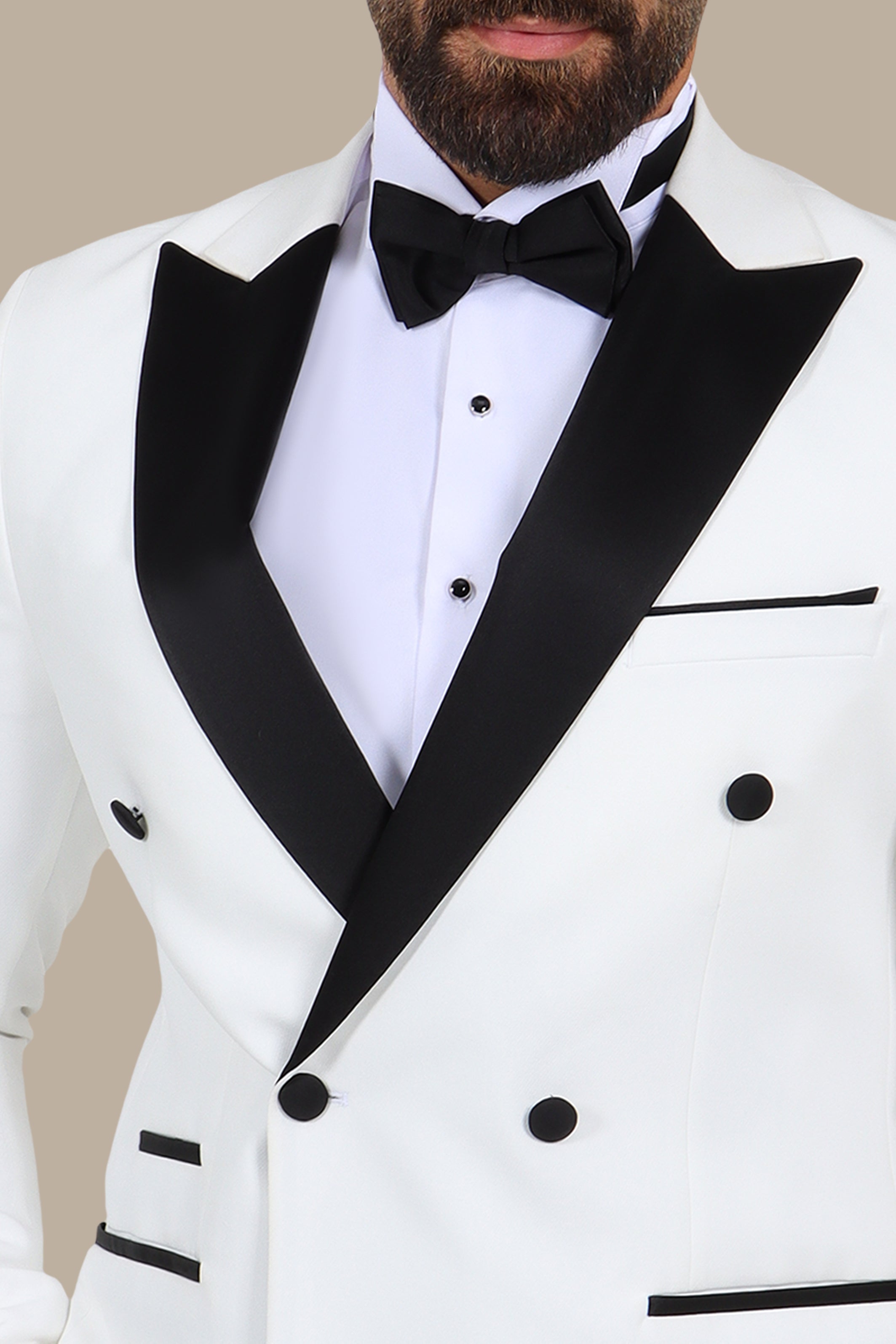 3-Piece Tuxedo Double-Breasted 4-Button Peak Lapel White with Black Satin