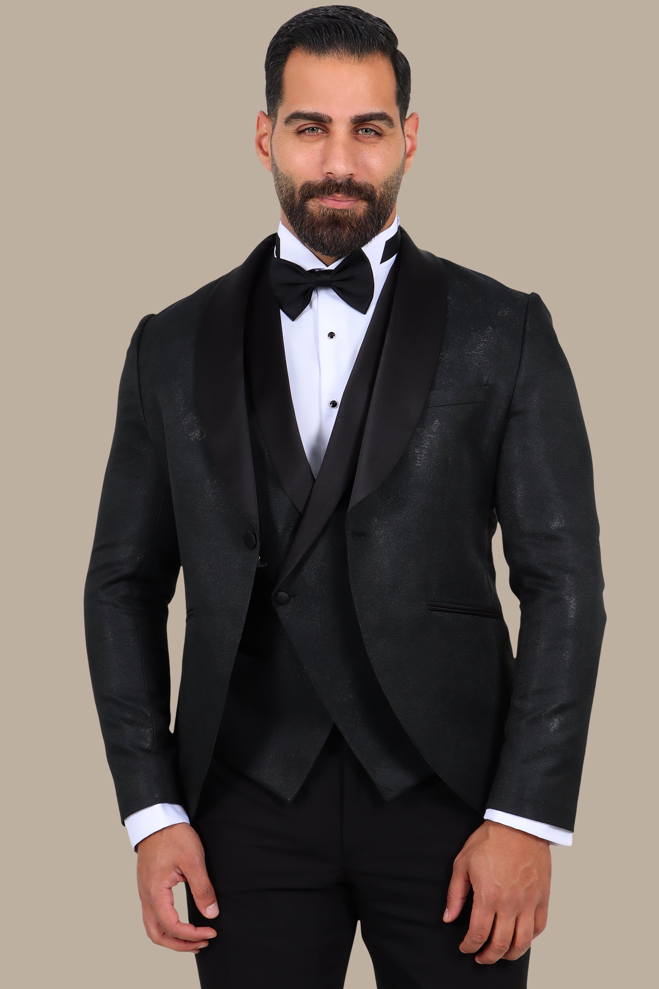 Black 4-Piece Shawl Lapel Tuxedo with Brush Patterns