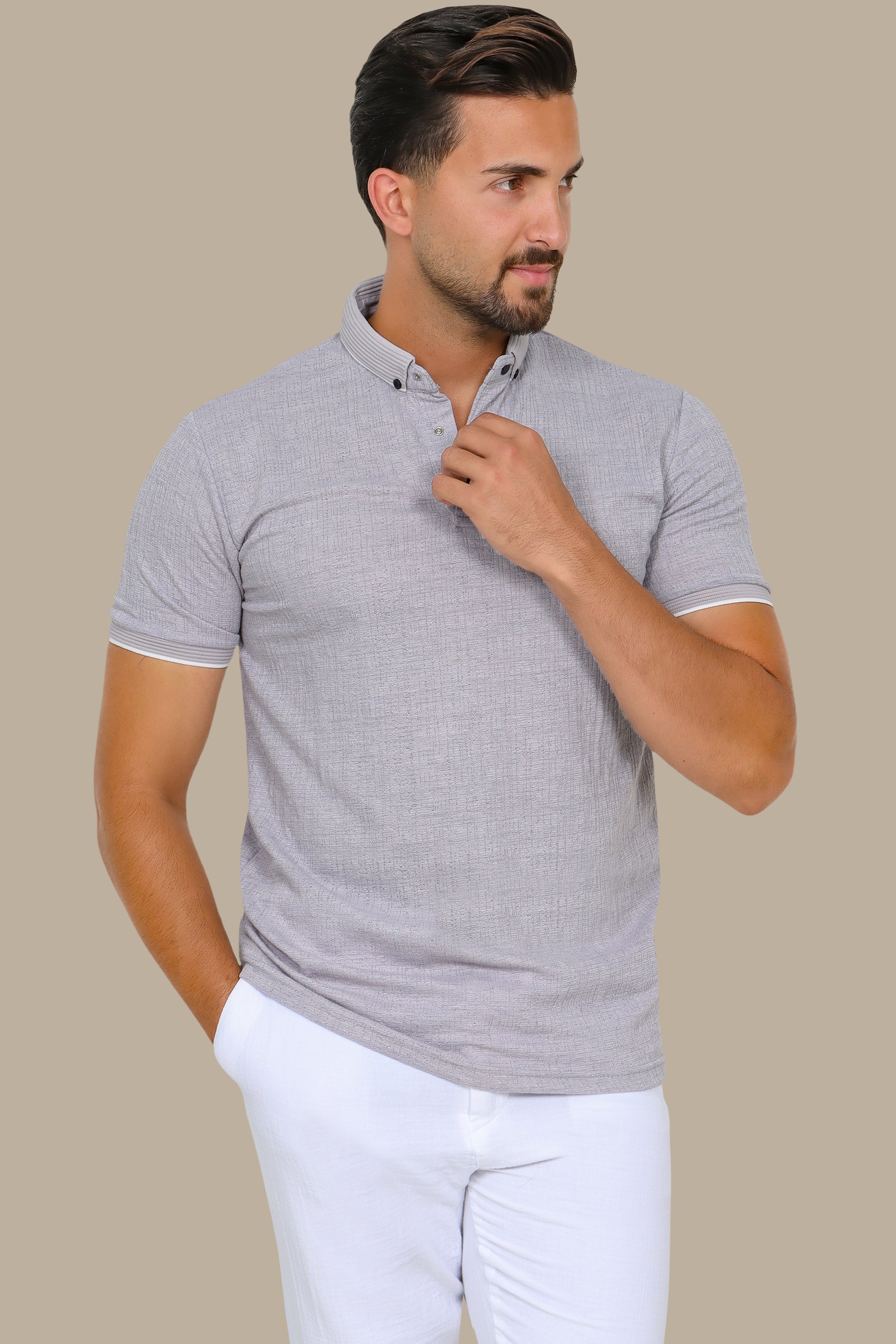 Light Grey Polo Short Sleeve Structured Button-Down