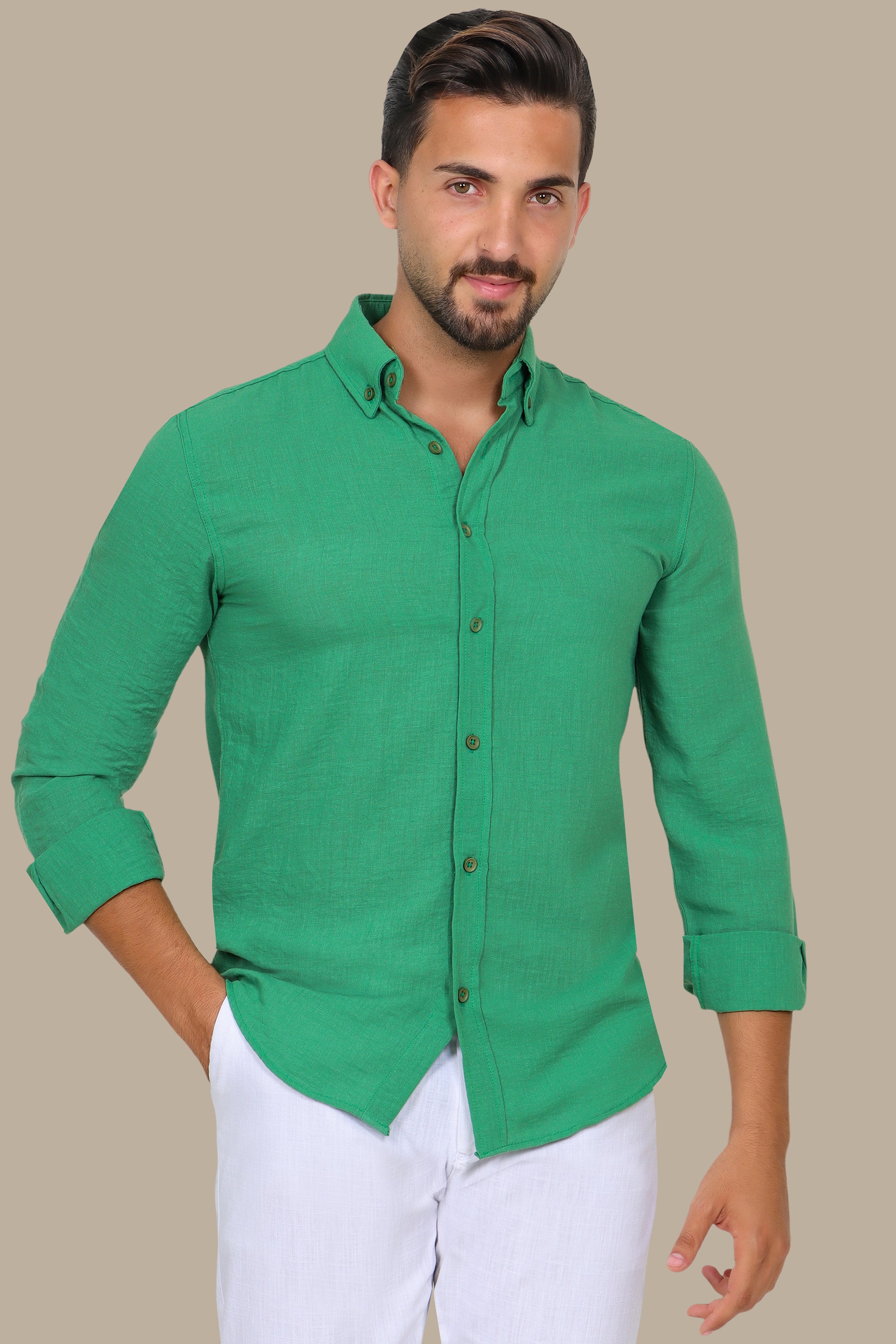 Linen Aerobin Shirt with Button Down Green