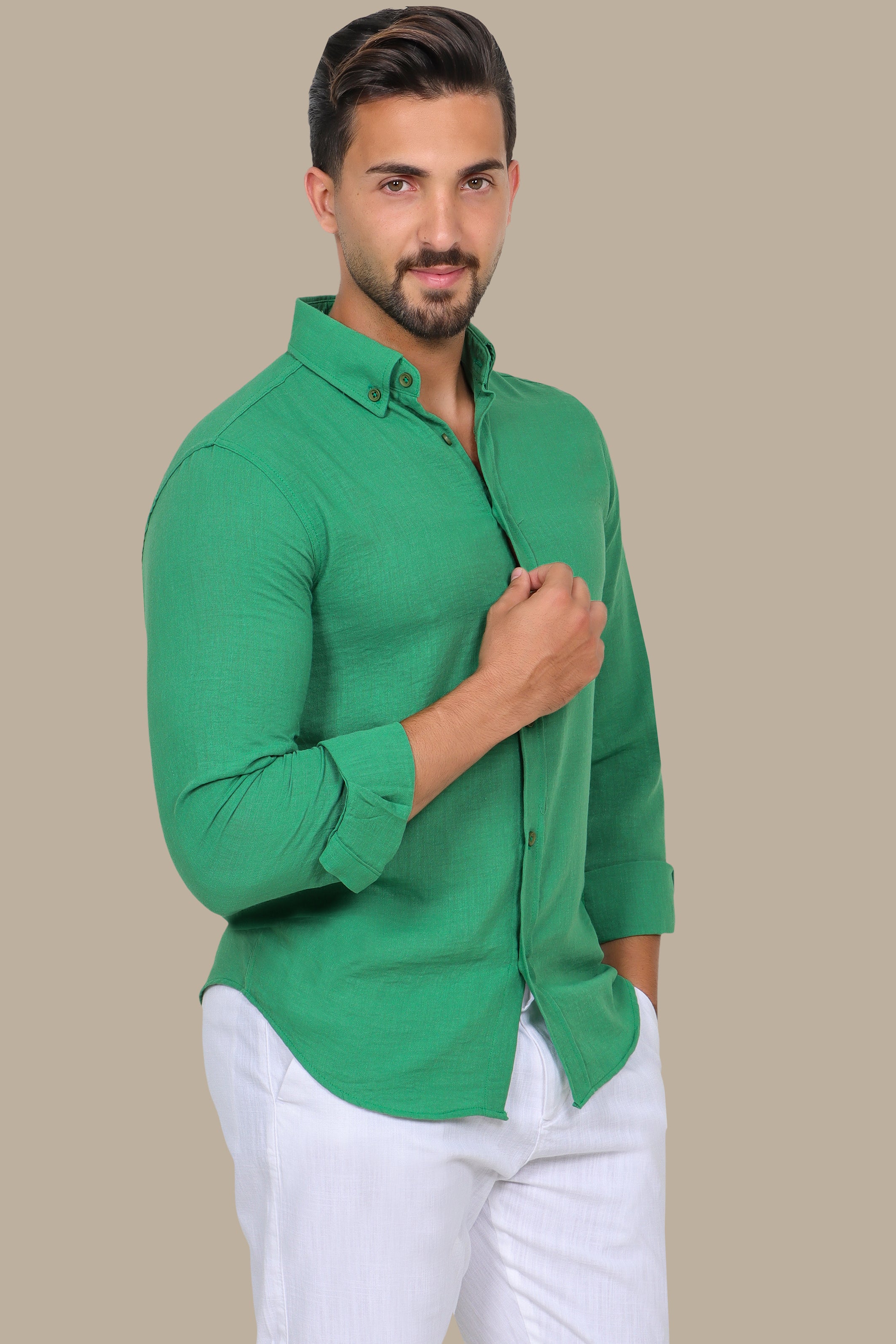 Linen Aerobin Shirt with Button Down Green