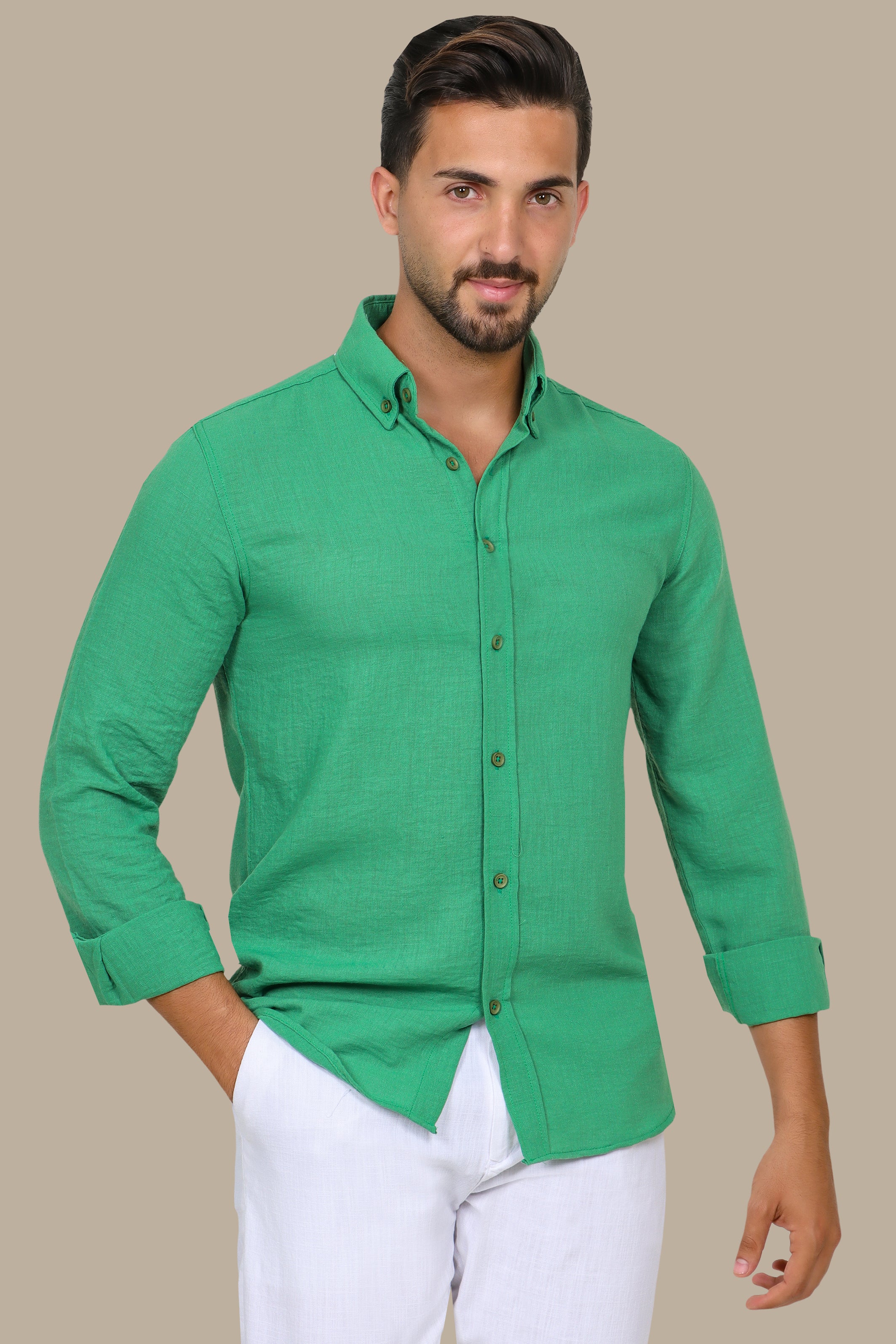 Linen Aerobin Shirt with Button Down Green