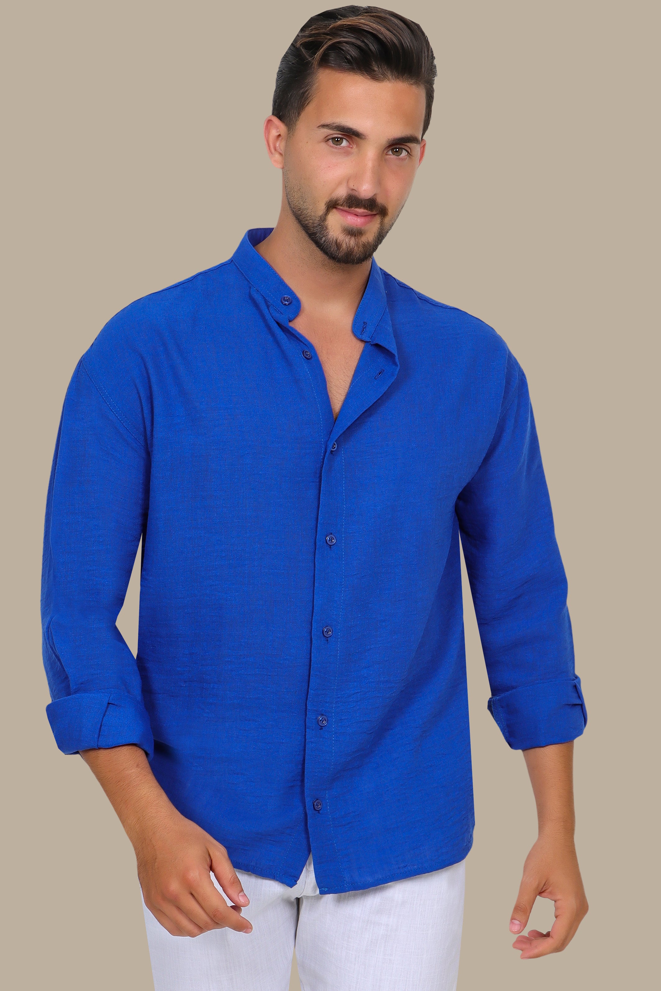 Linen Aerobin Shirt with Mao Collar Blue