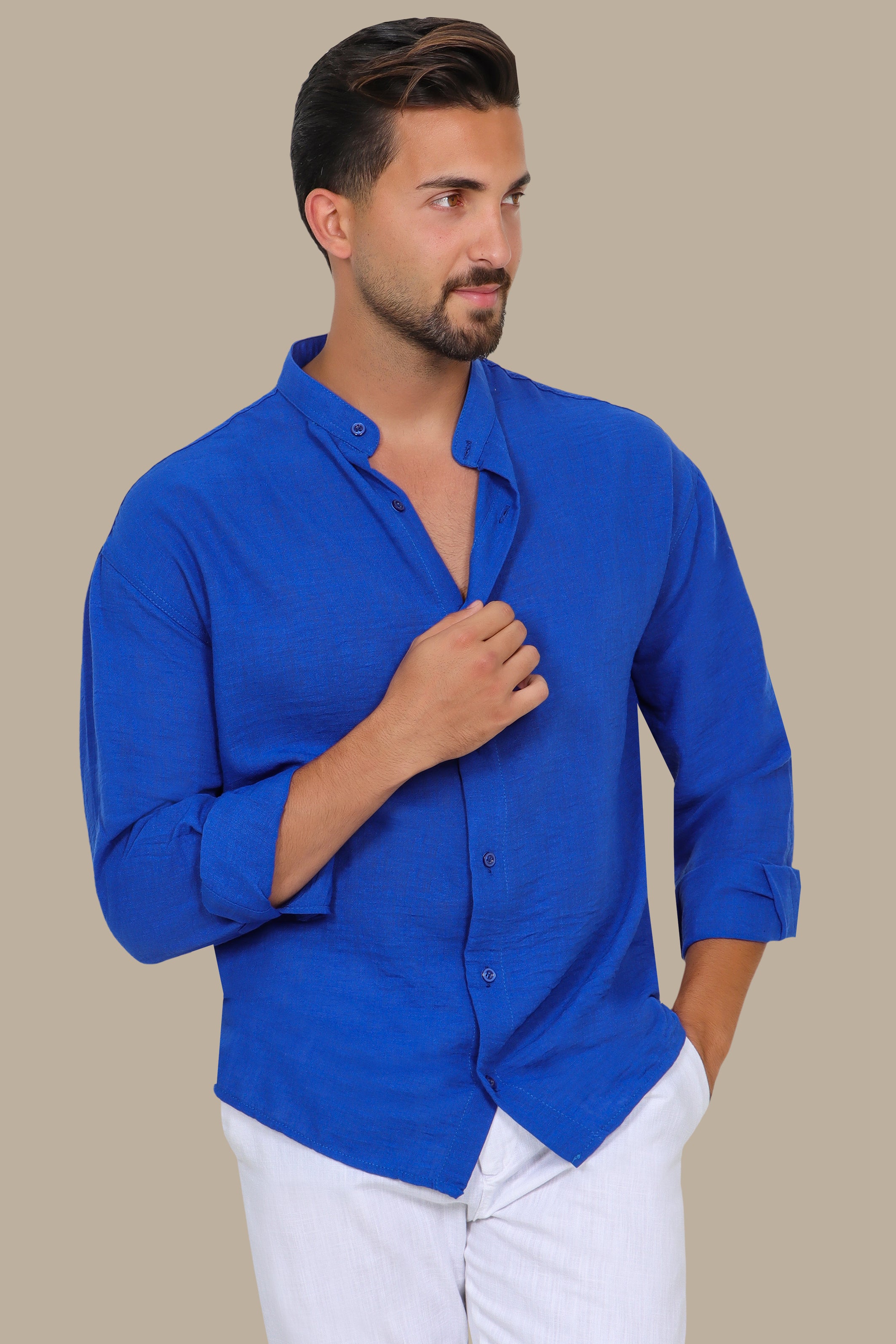 Linen Aerobin Shirt with Mao Collar Blue
