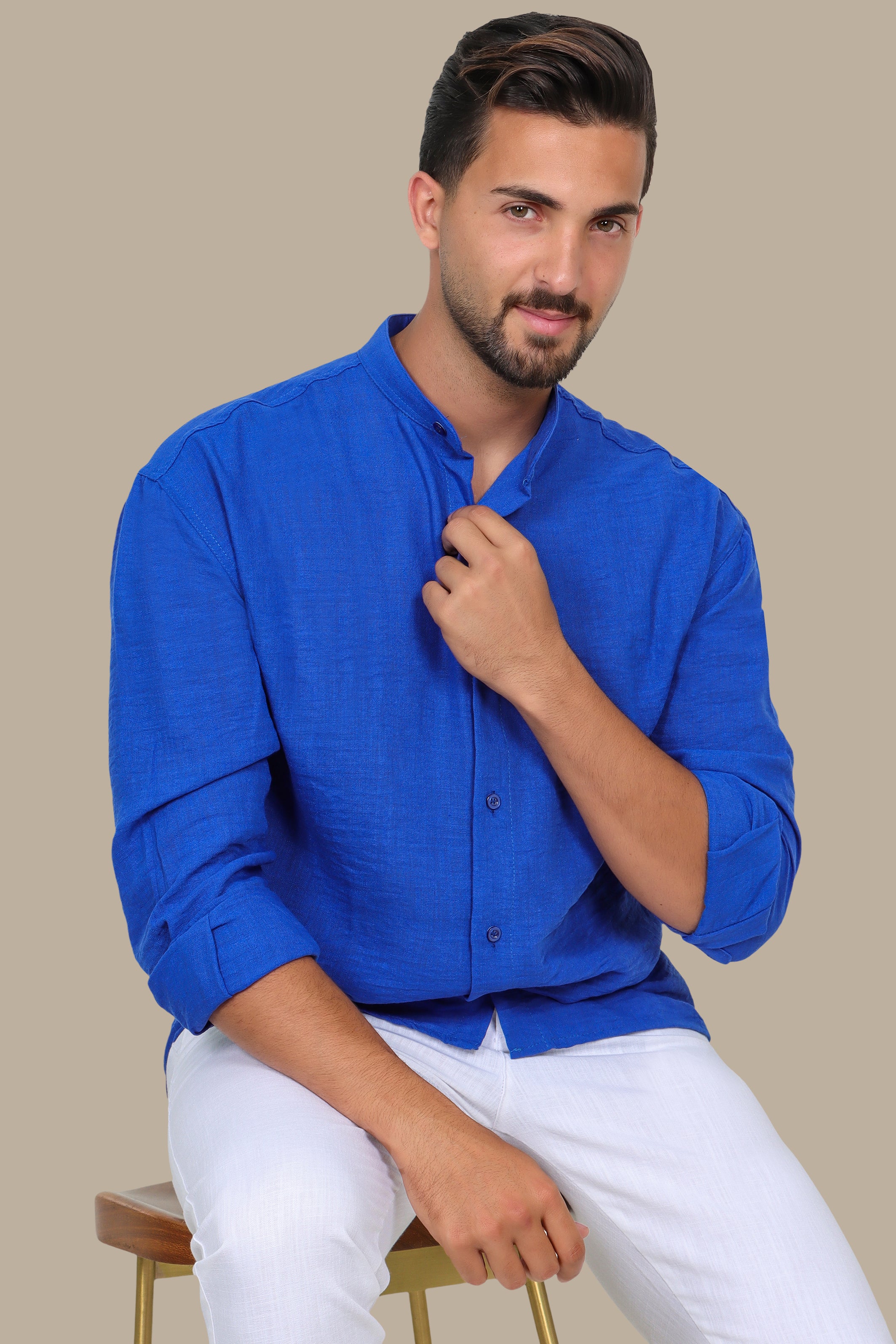 Linen Aerobin Shirt with Mao Collar Blue