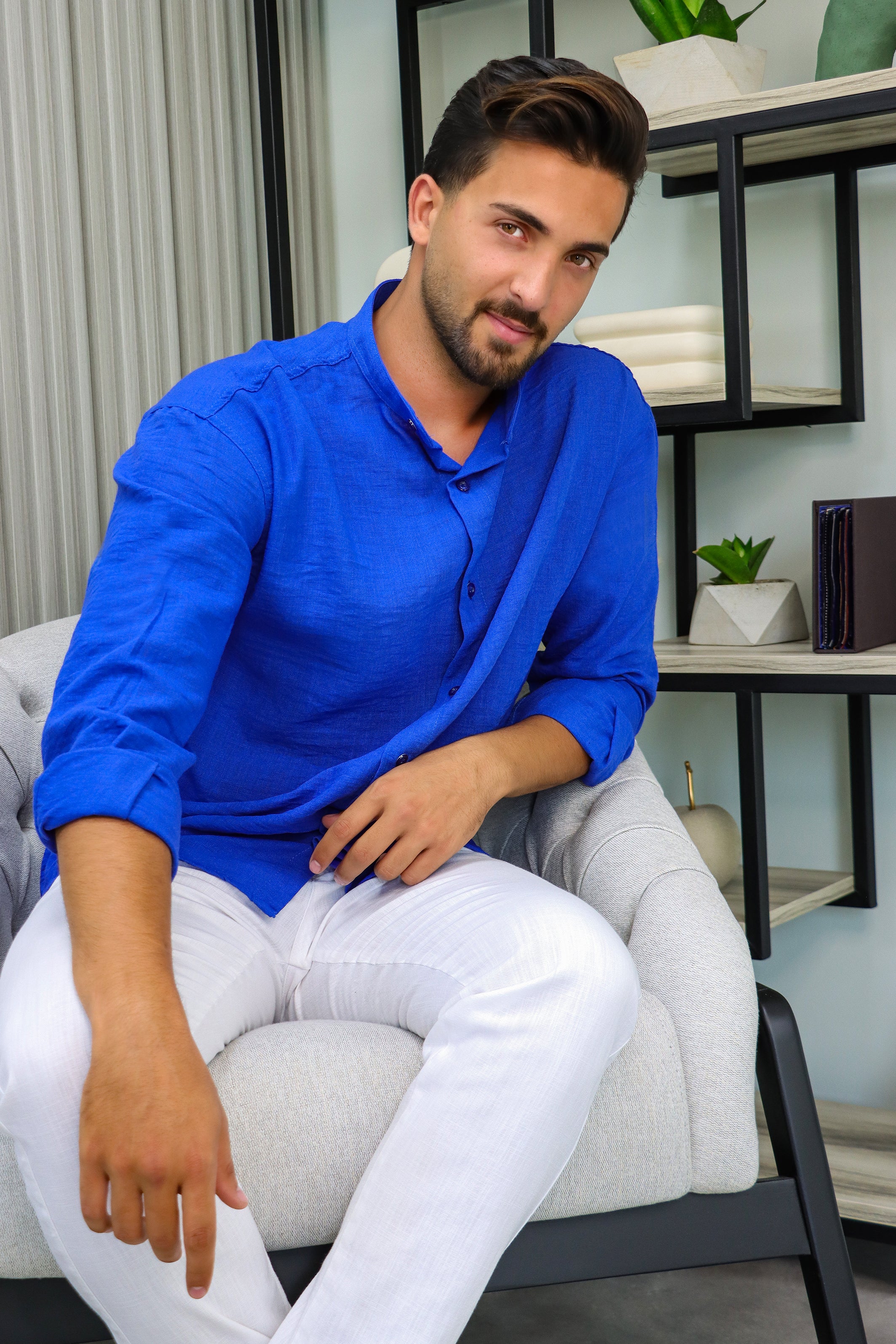 Linen Aerobin Shirt with Mao Collar Blue