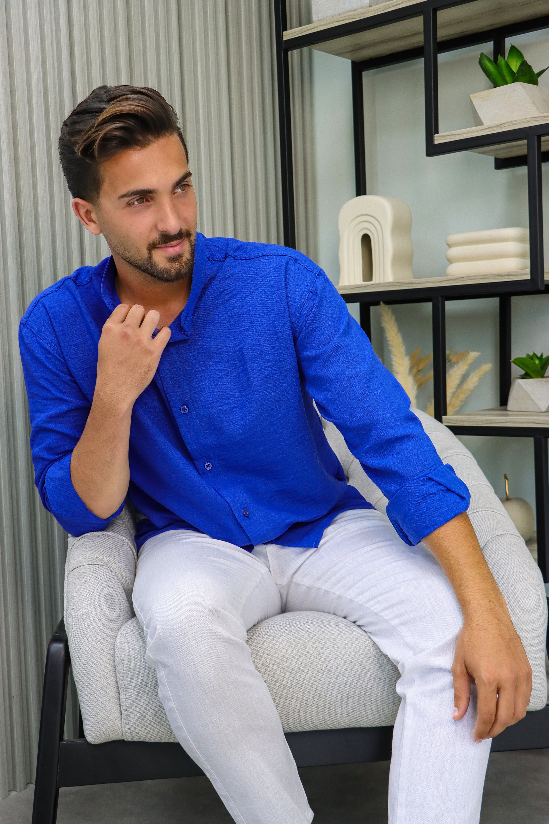 Linen Aerobin Shirt with Mao Collar Blue