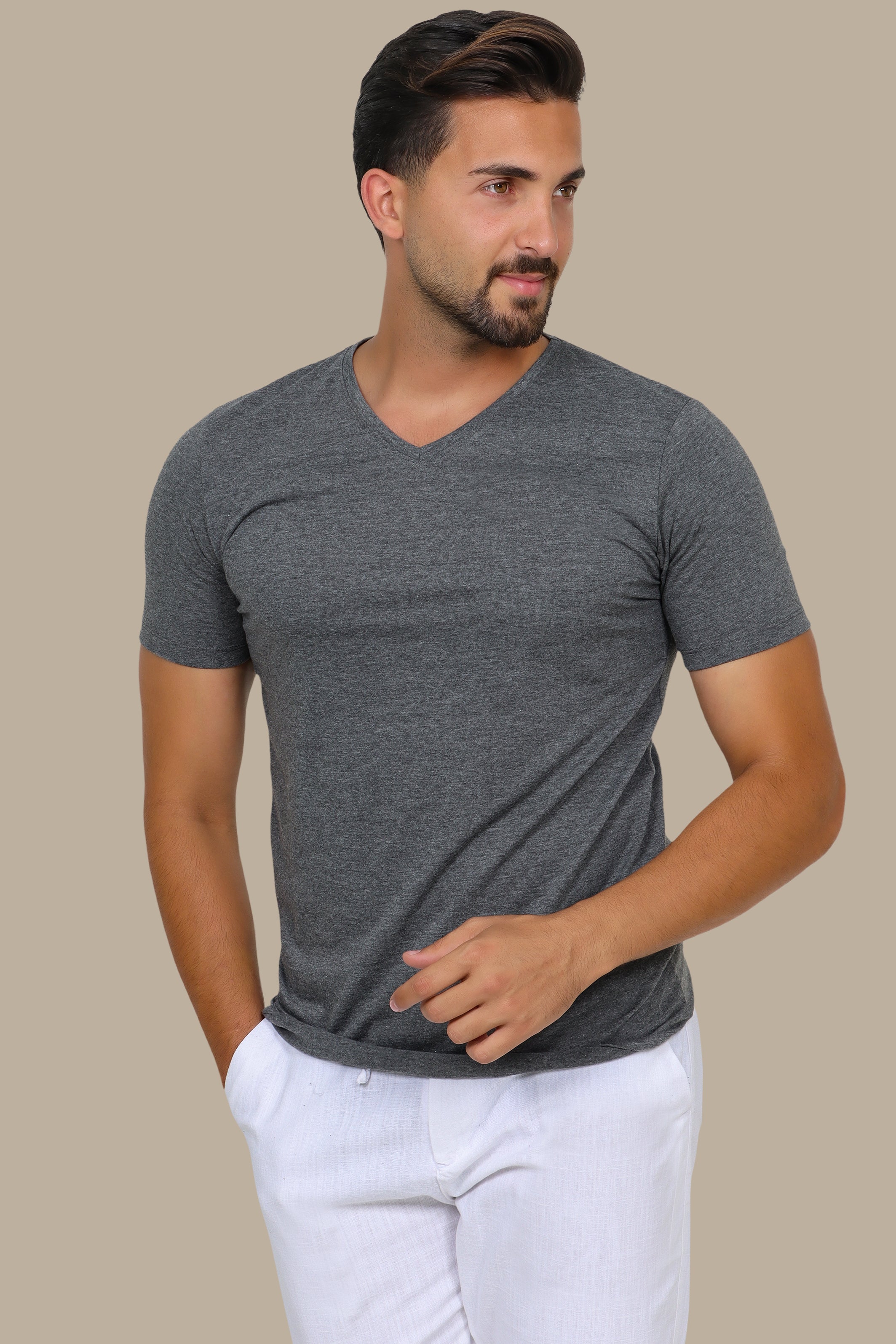 Grey Short Sleeve Basic V-Neck T-Shirt