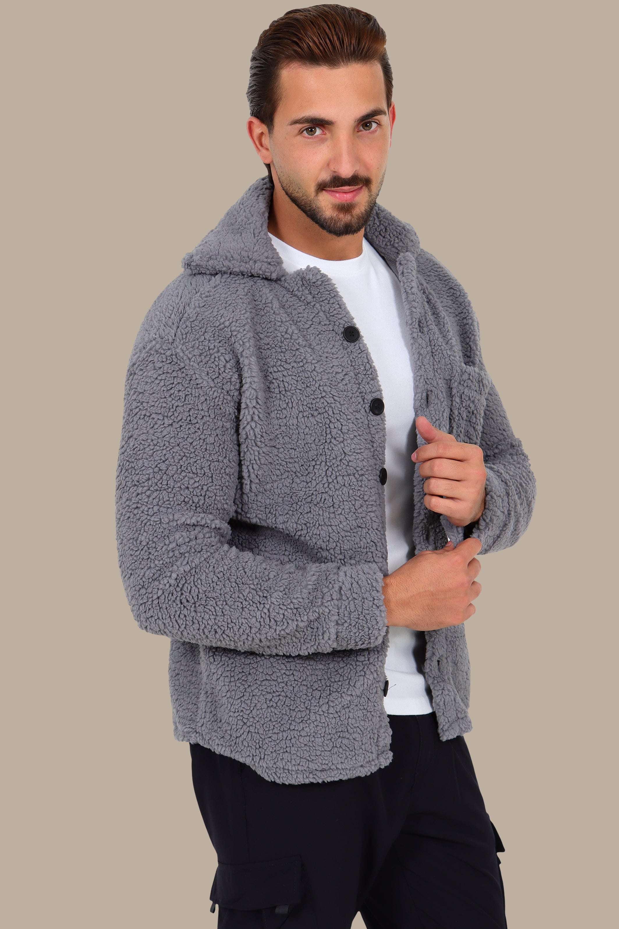 Grey Full-Button Teddy Cardigan