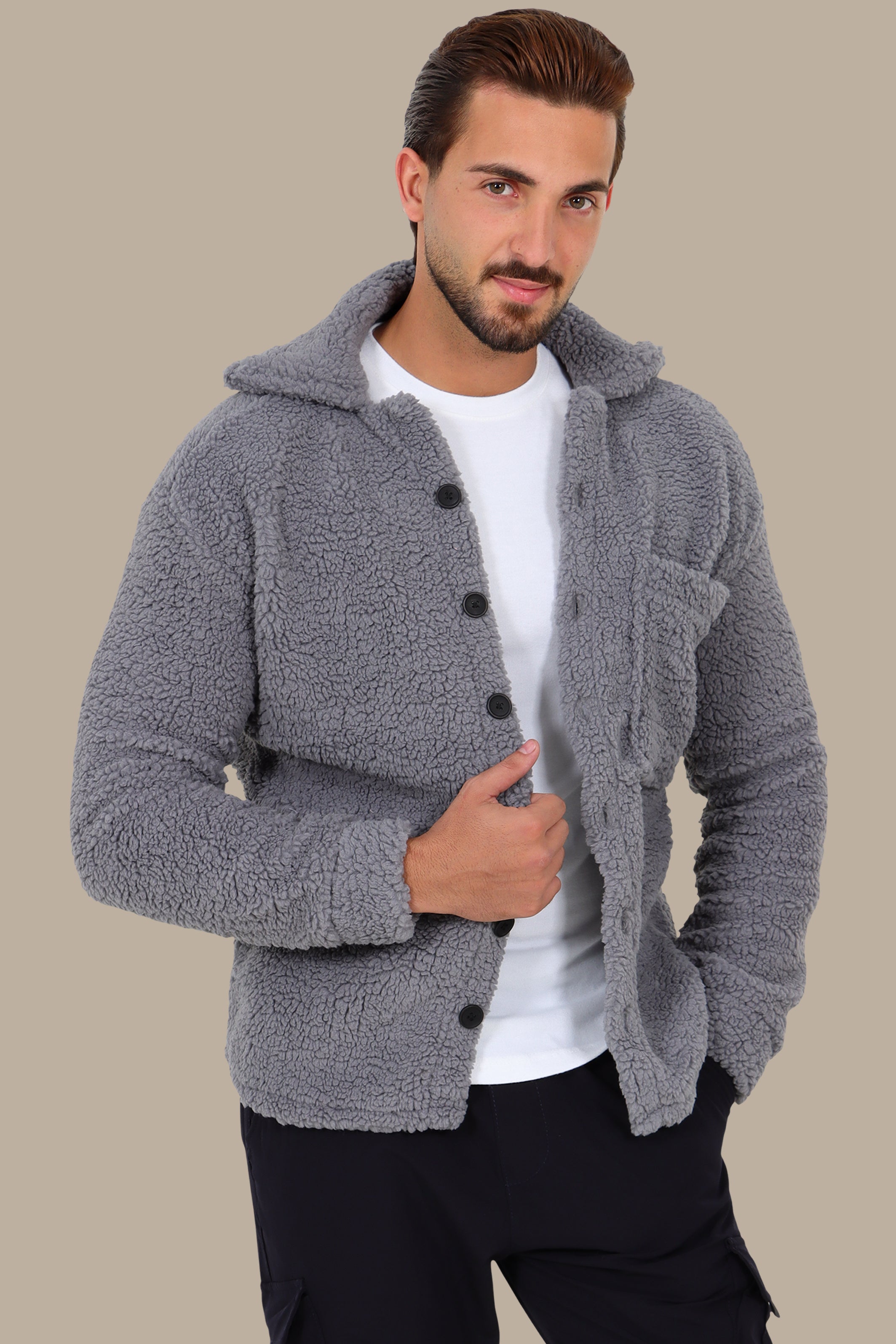 Grey Full-Button Teddy Cardigan