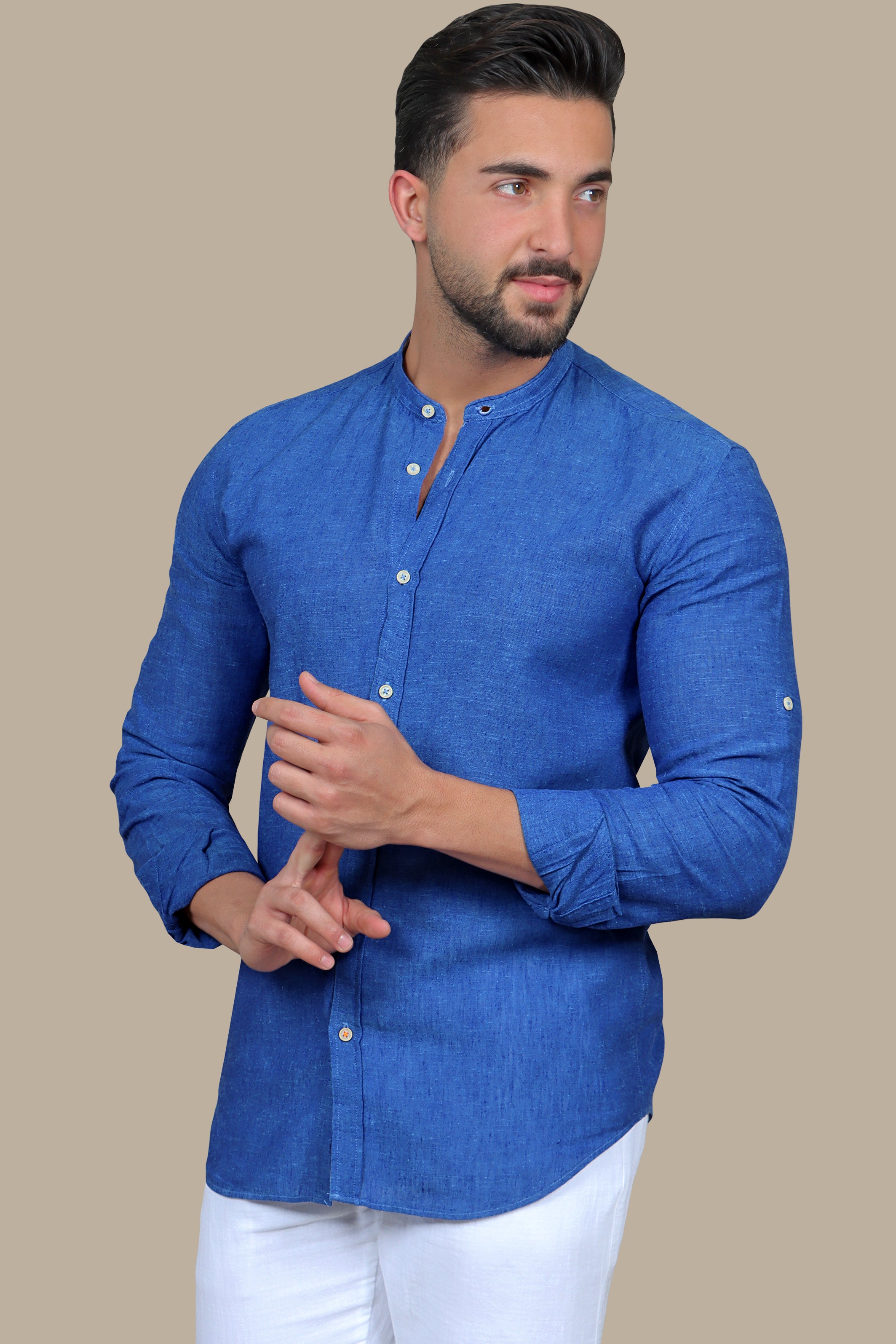 Shirt Linen Col Mao Inside Print | Indigo