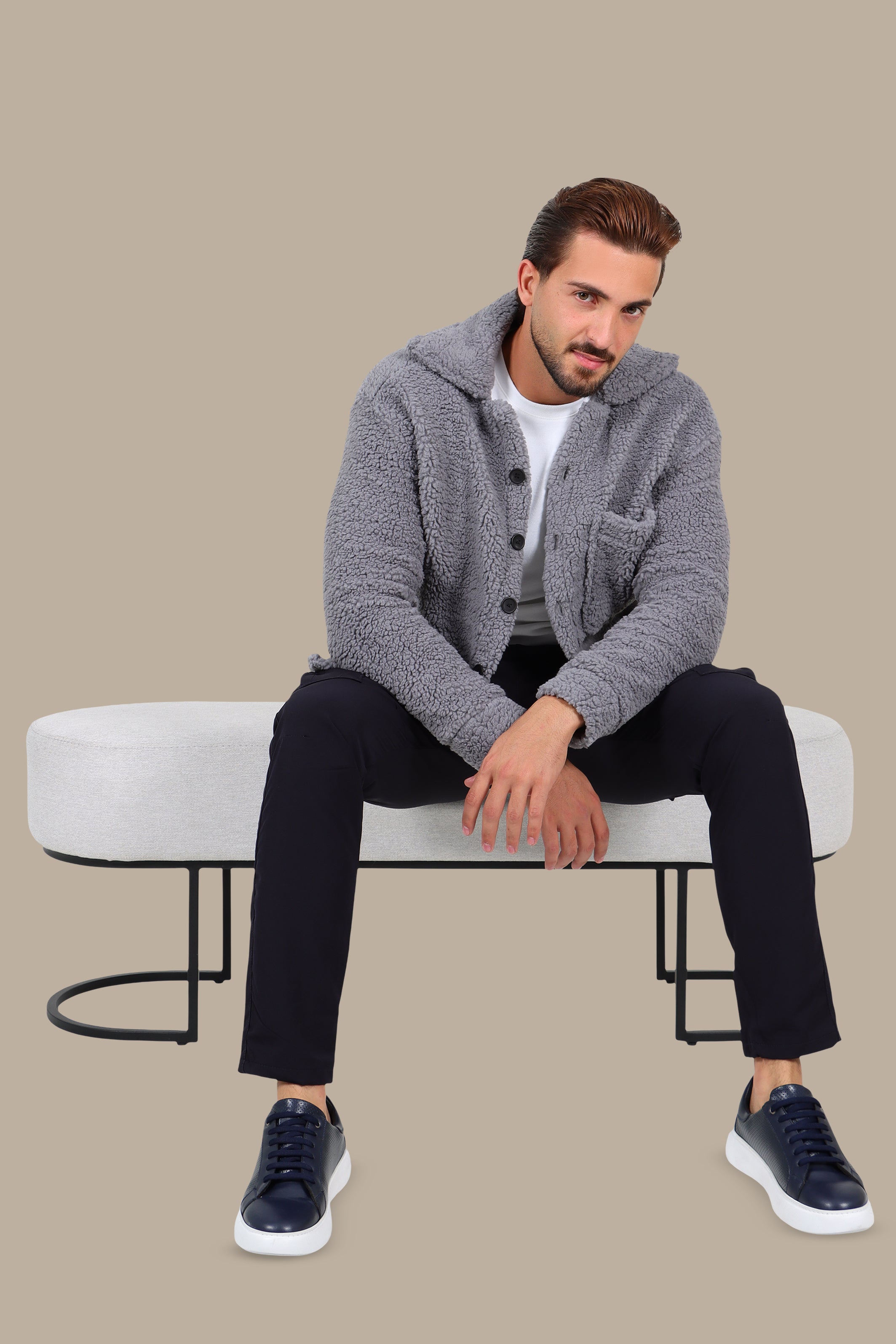 Grey Full-Button Teddy Cardigan