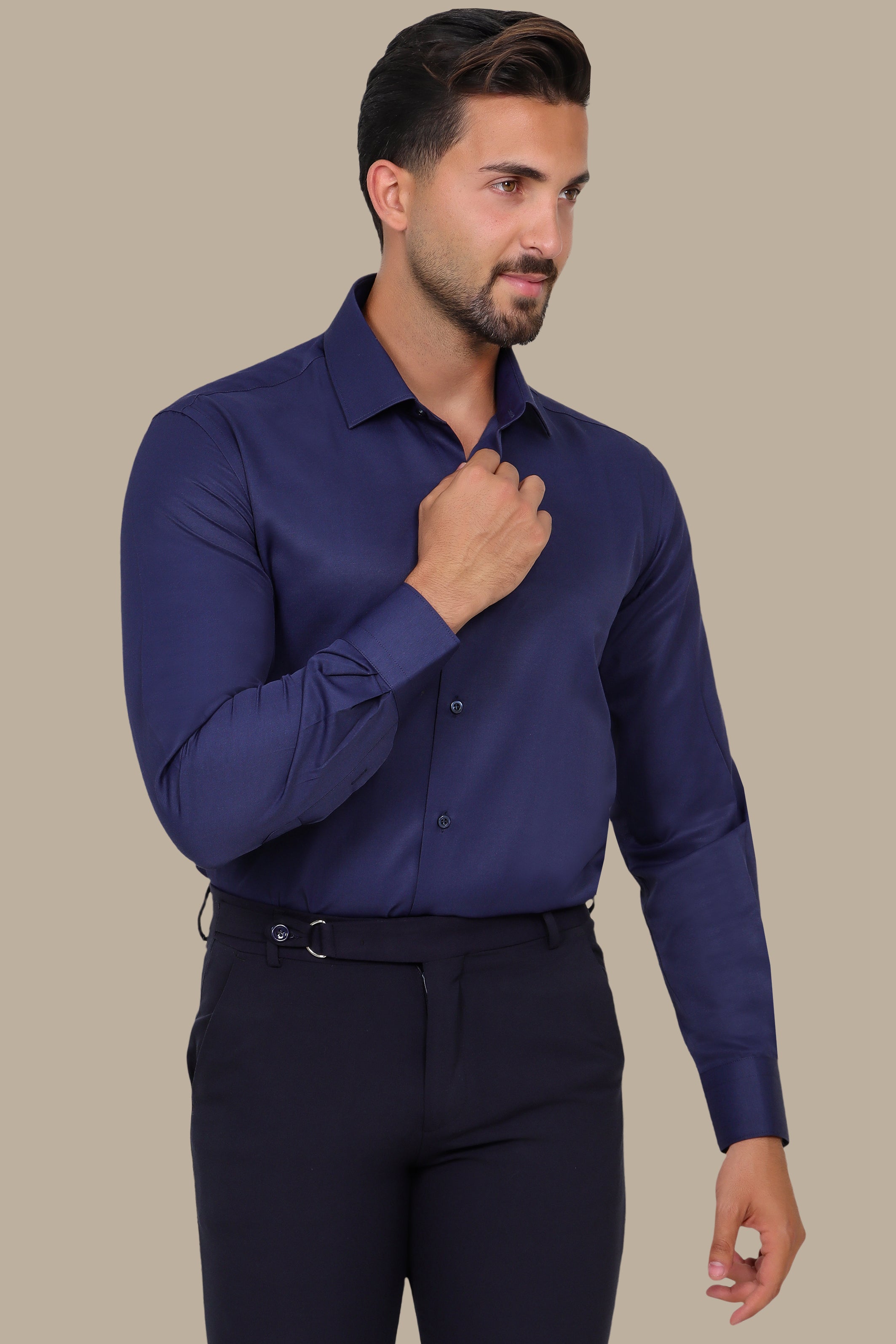 Poplin Slim Shirt with River Collar Navy