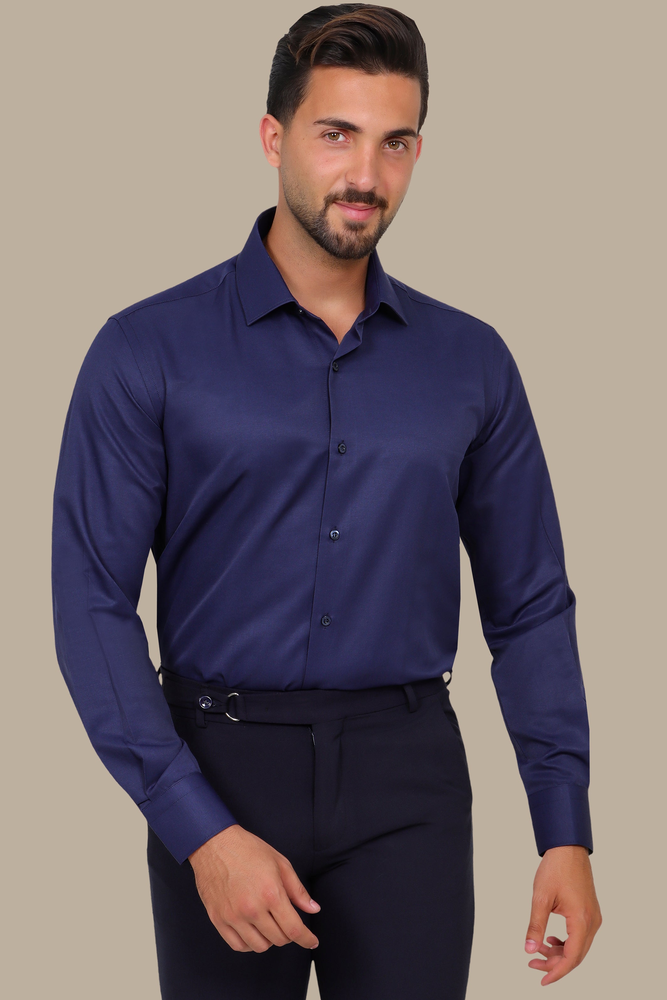 Poplin Slim Shirt with River Collar Navy