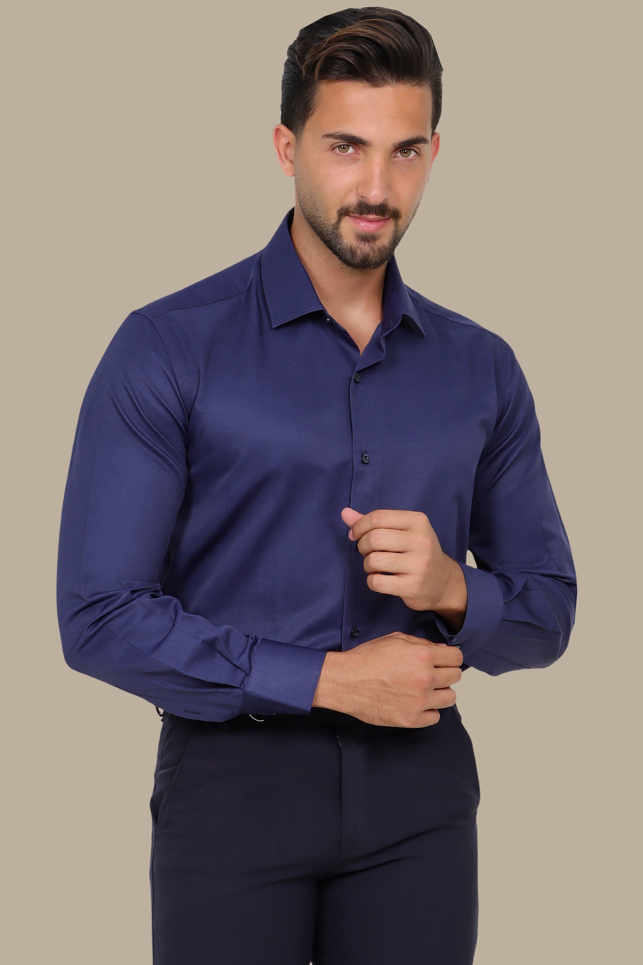 Poplin Slim Shirt with River Collar Navy