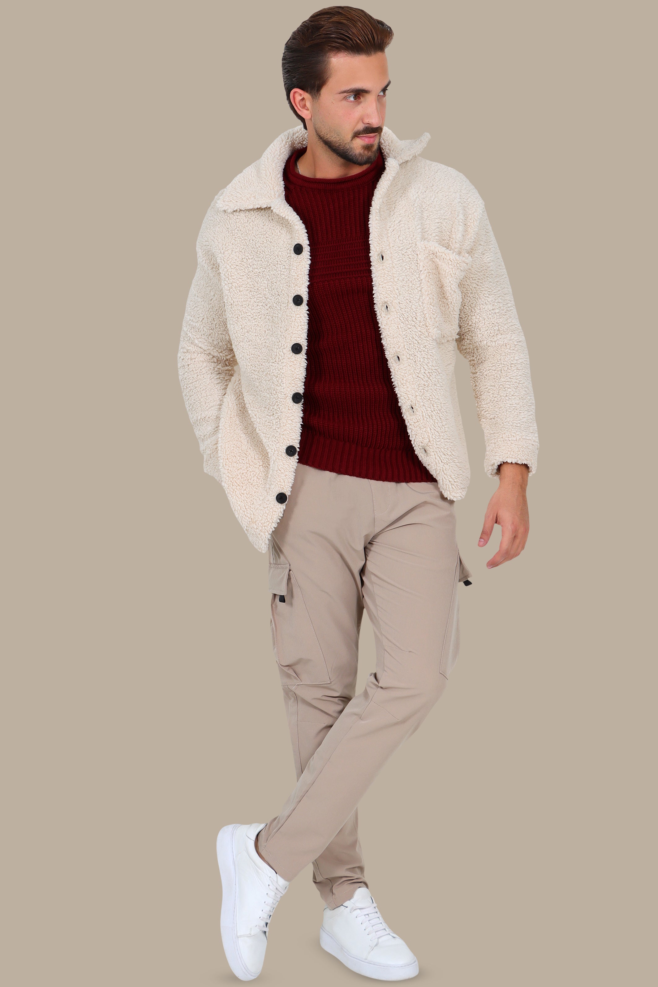 Light Beige Full-Button Teddy Cardigan