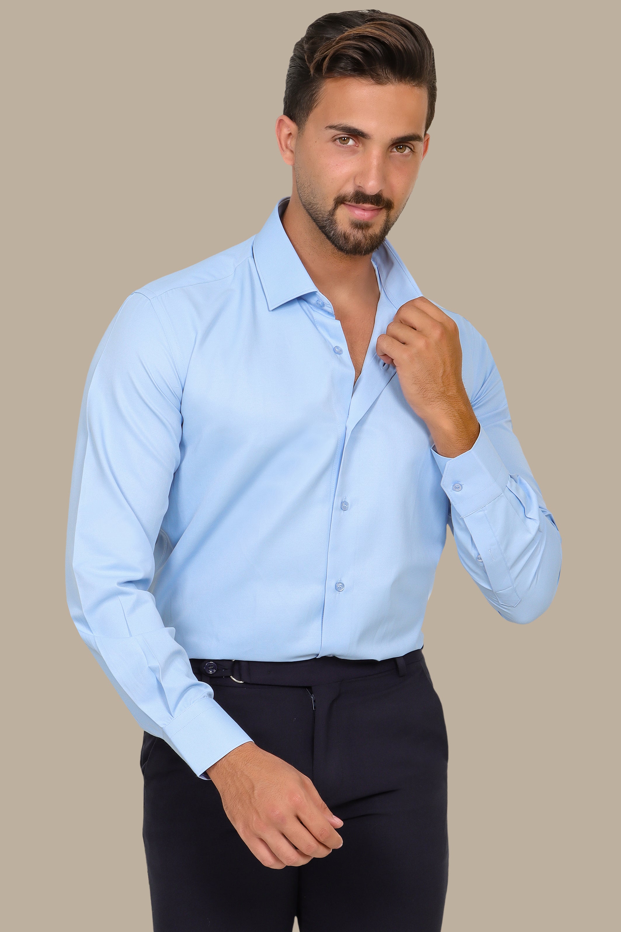 Light Blue Poplin Slim Shirt with River Collar