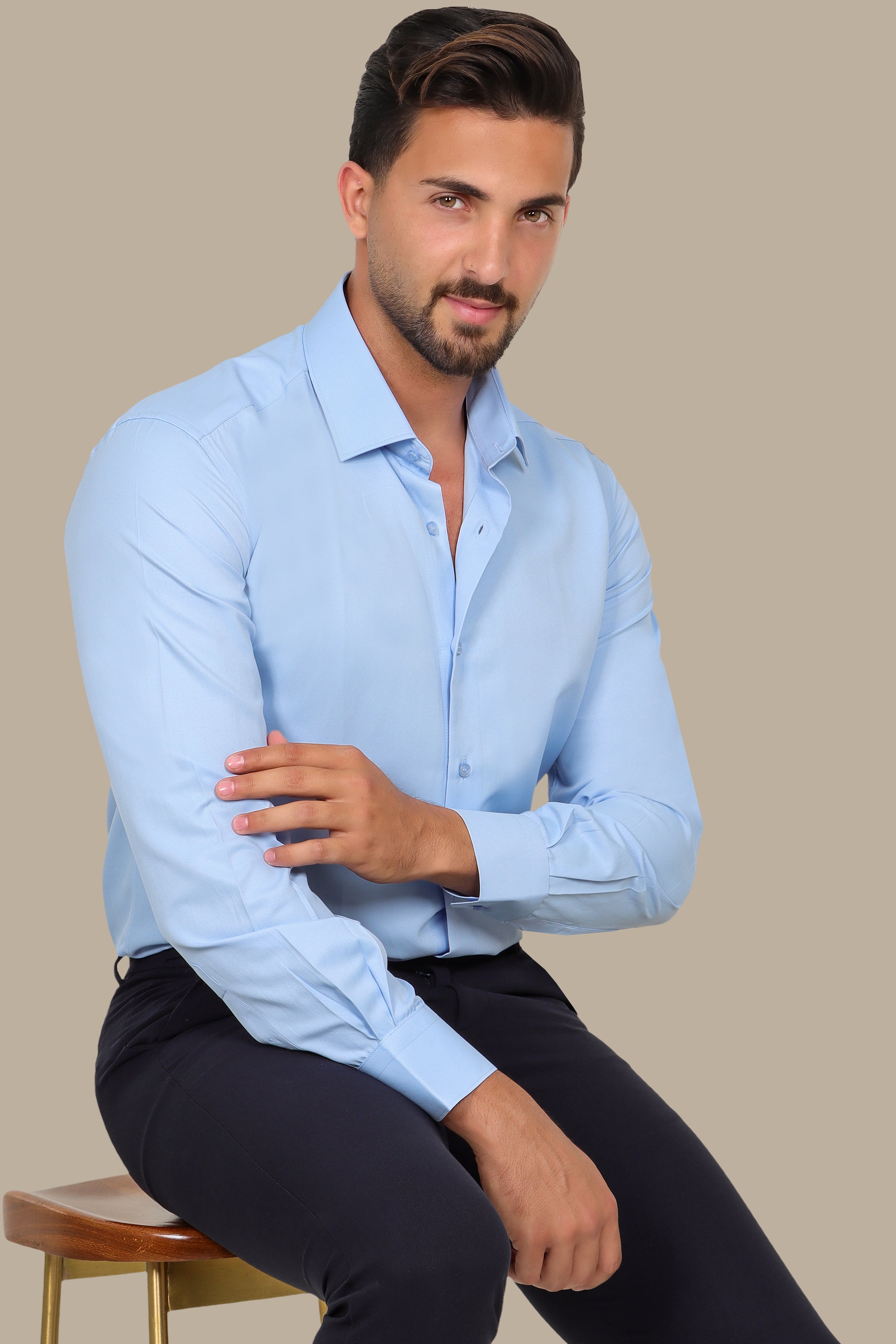Light Blue Poplin Slim Shirt with River Collar