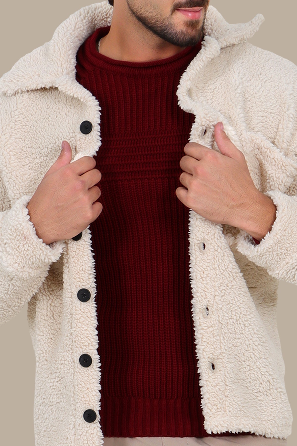 Light Beige Full-Button Teddy Cardigan