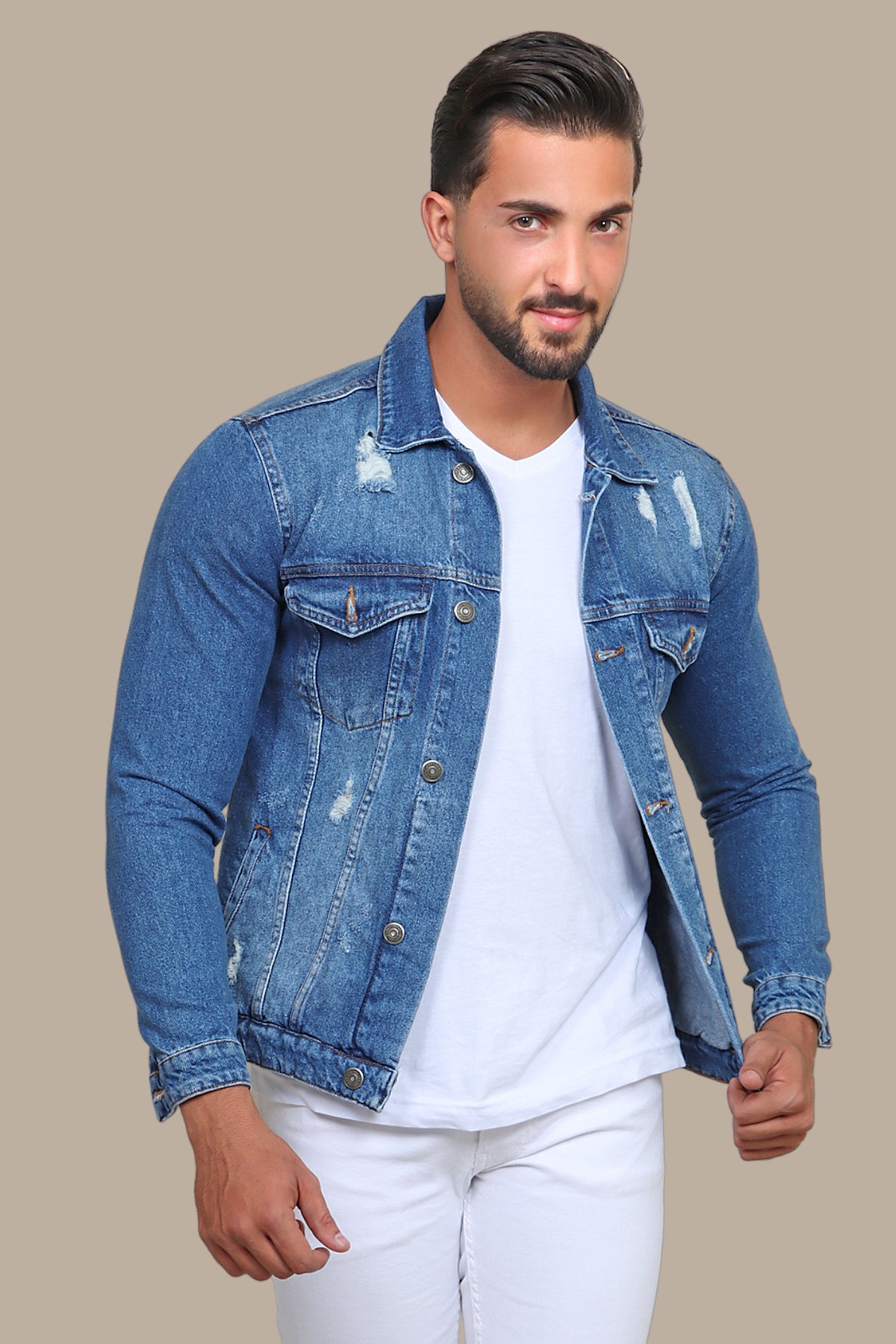 Urban Edge Unleashed: Ripped Denim Jacket for Raw Rebellion