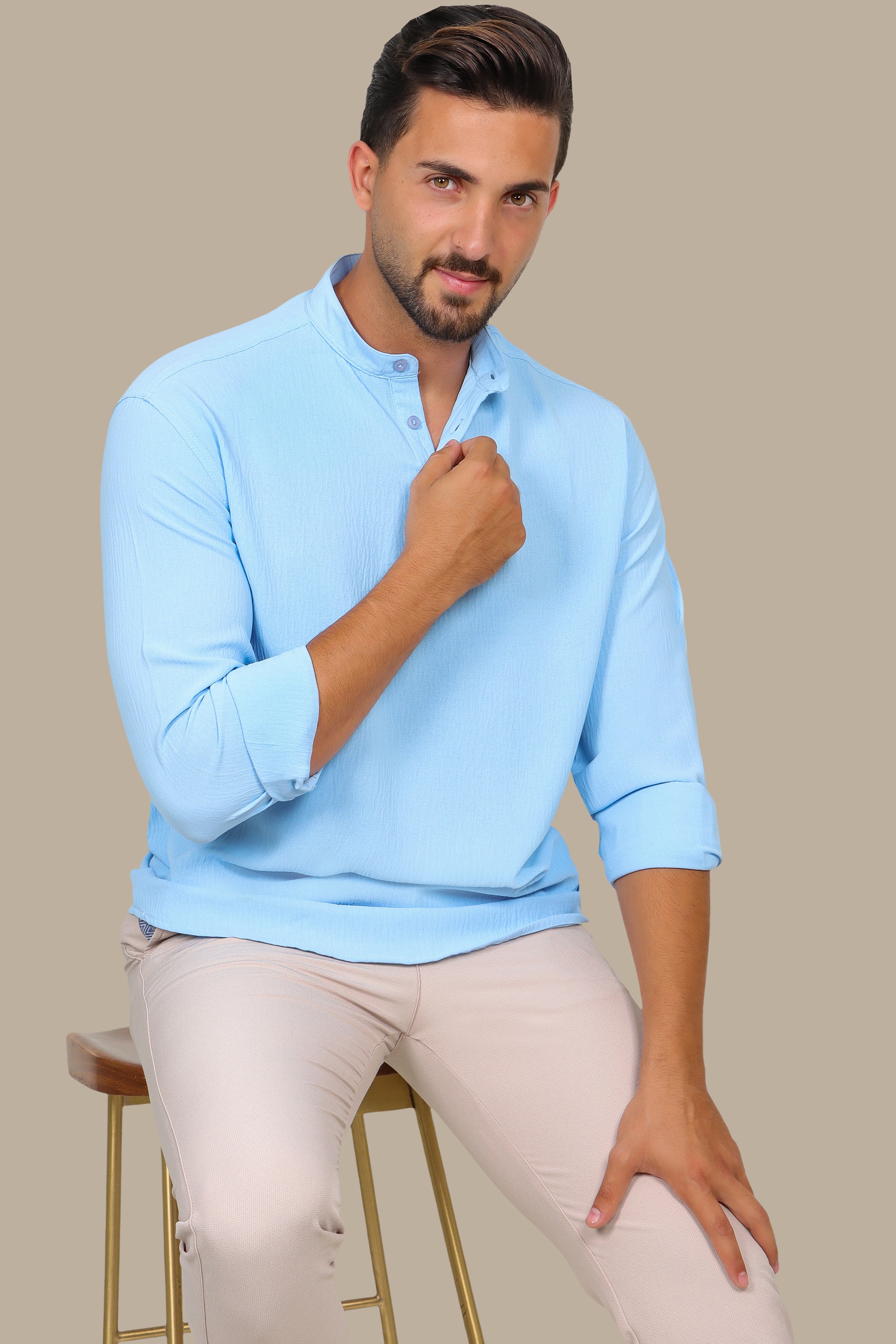 Linen Aerobin Shirt with Chinese Neck Light Blue