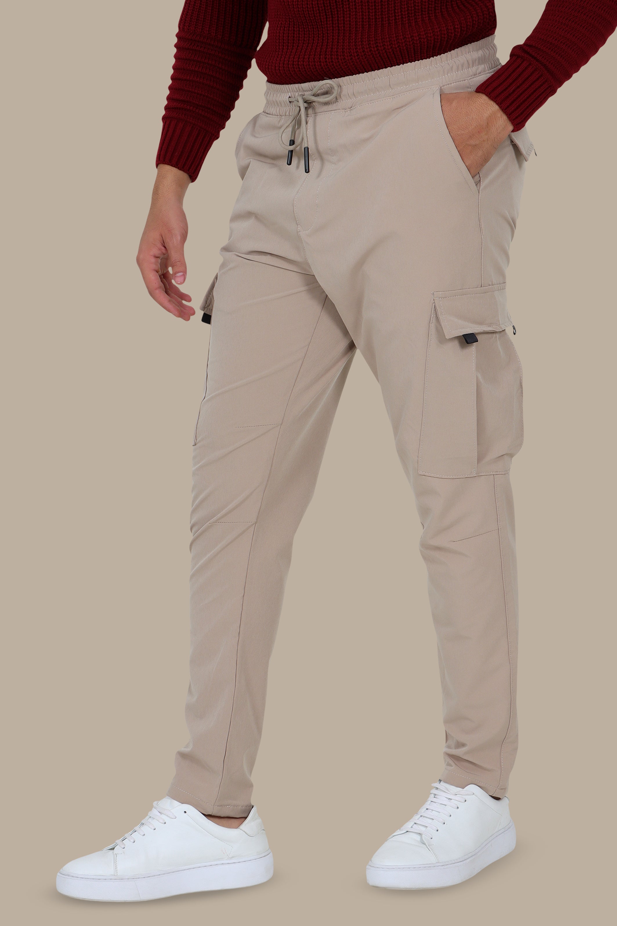 Light Beige Slim Fit Cargo Pants in Parachute Fabric