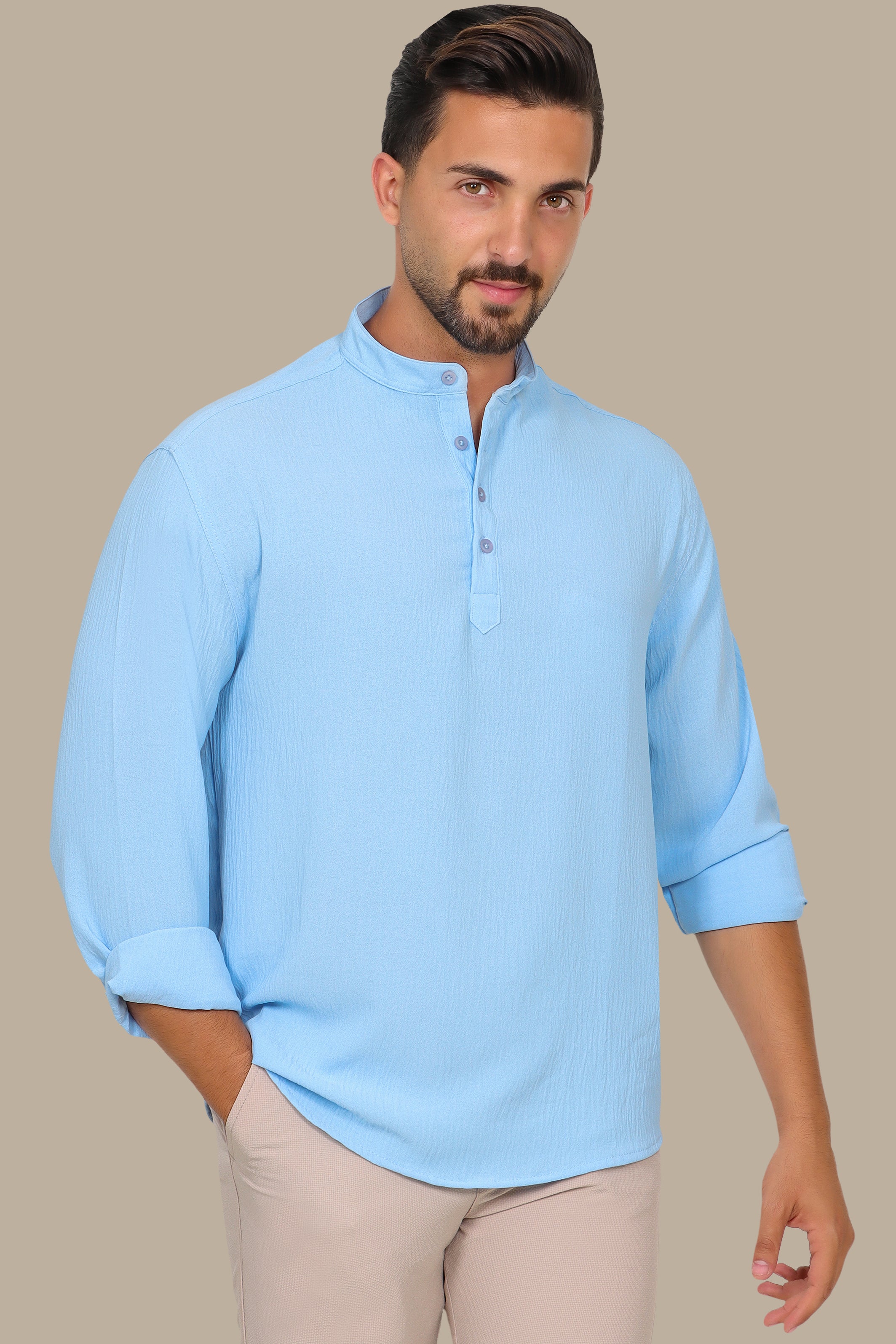 Linen Aerobin Shirt with Chinese Neck Light Blue
