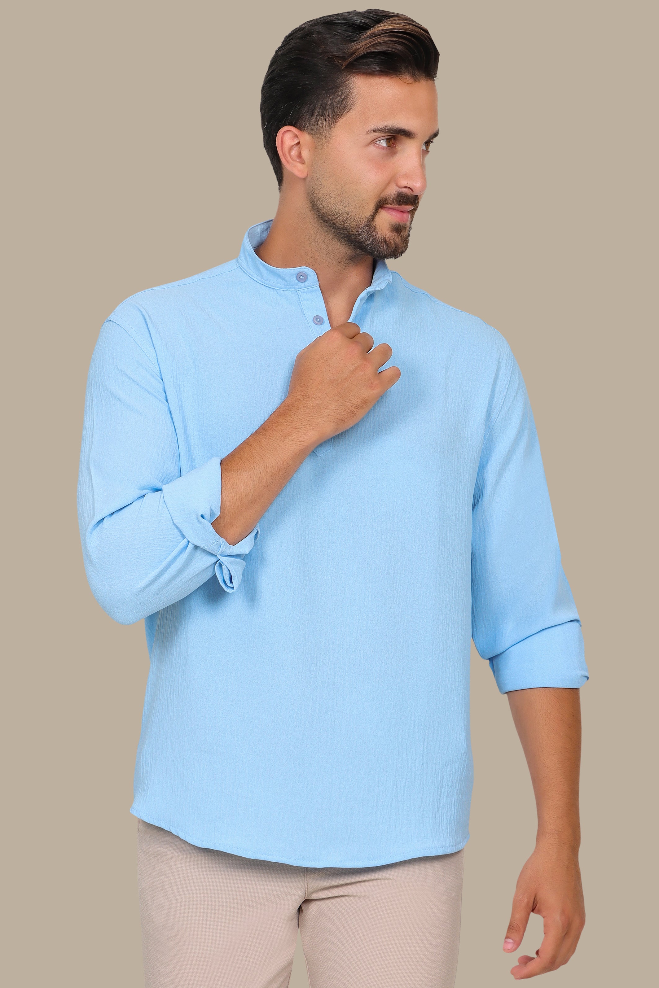 Linen Aerobin Shirt with Chinese Neck Light Blue