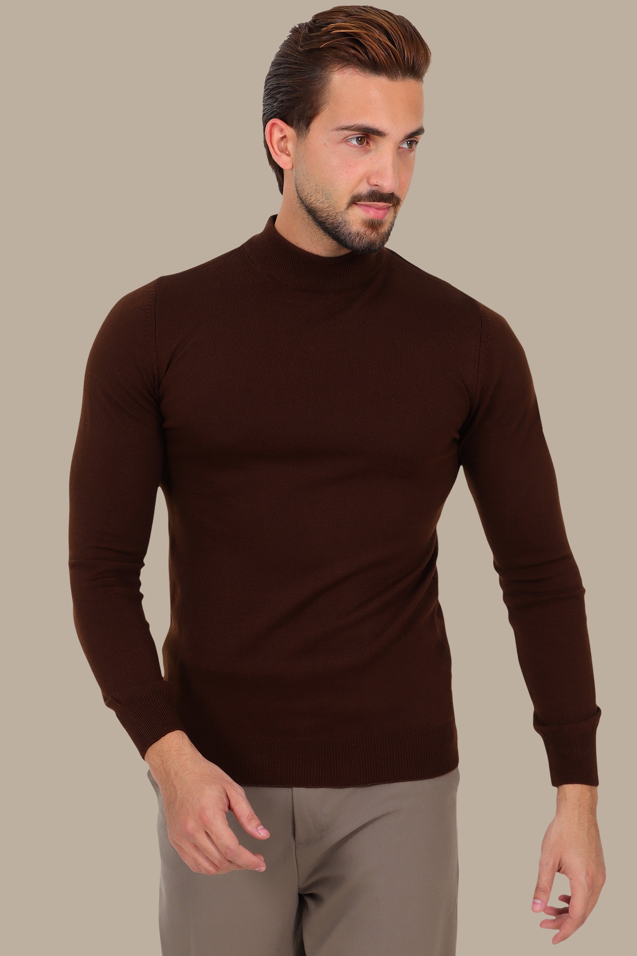 Brown High-Neck Basic Sweater