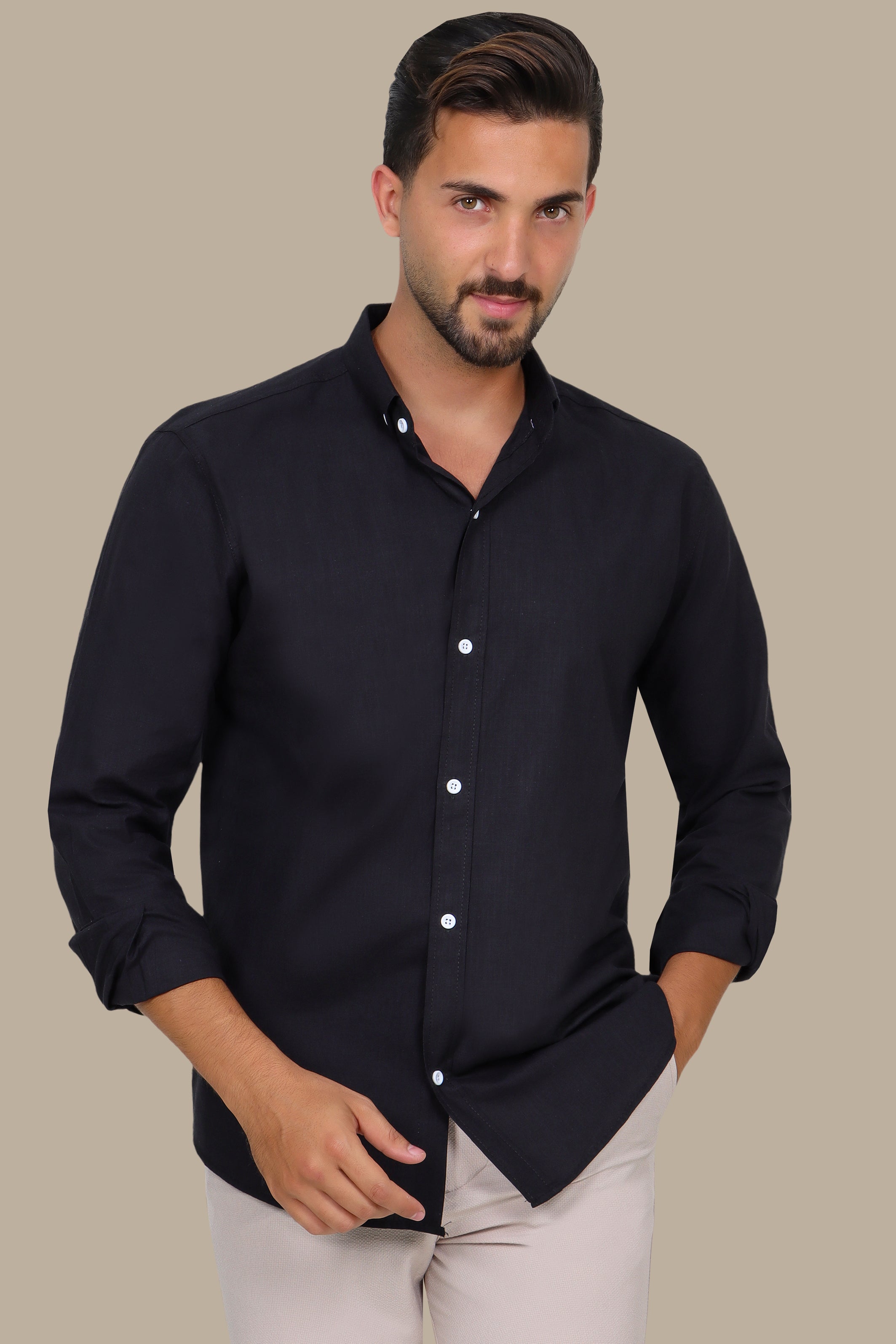 Linen Long Sleeve Button Down Shirt Black