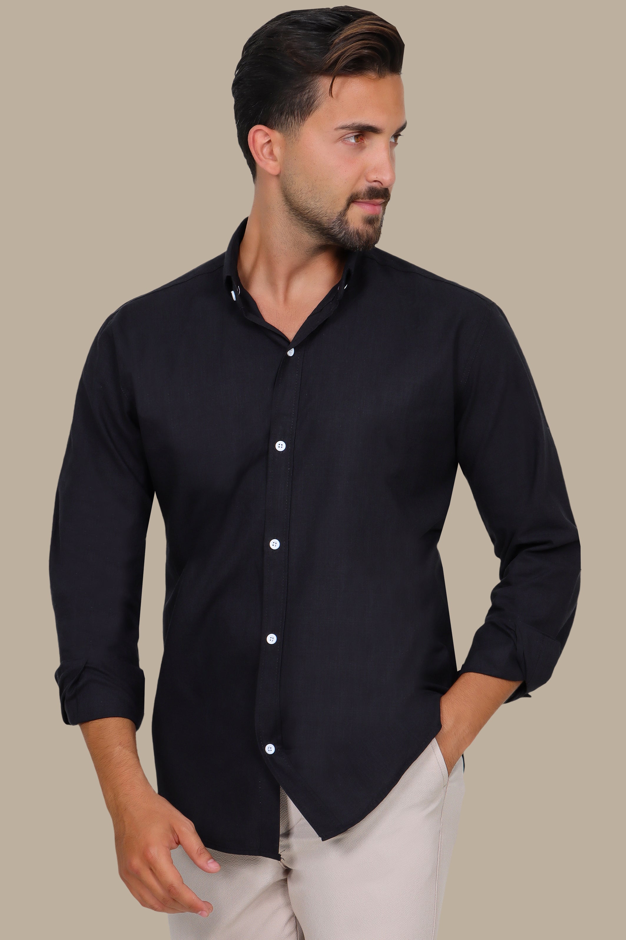 Linen Long Sleeve Button Down Shirt Black