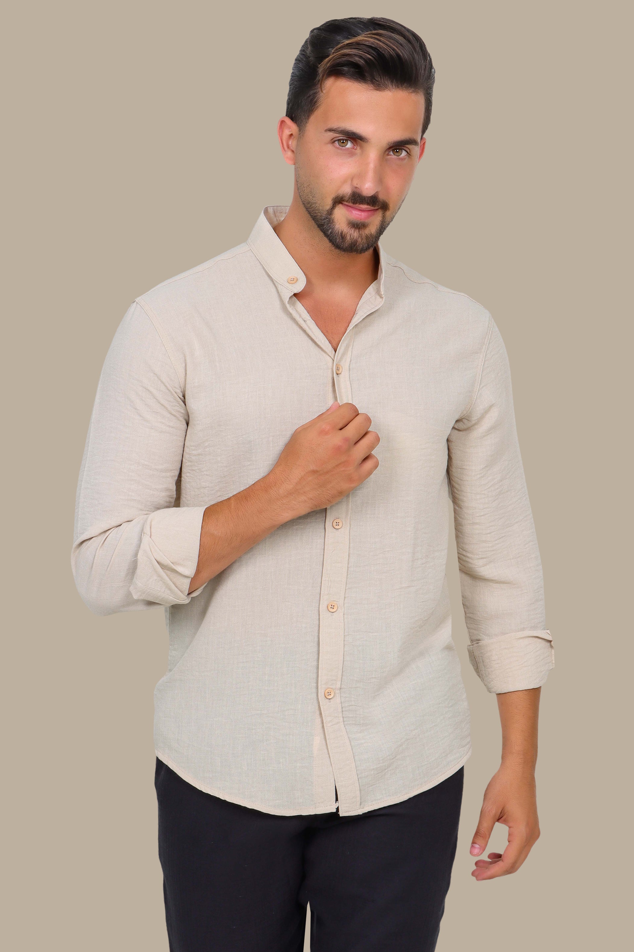 Beige Linen Aerobin Shirt with Mao Collar