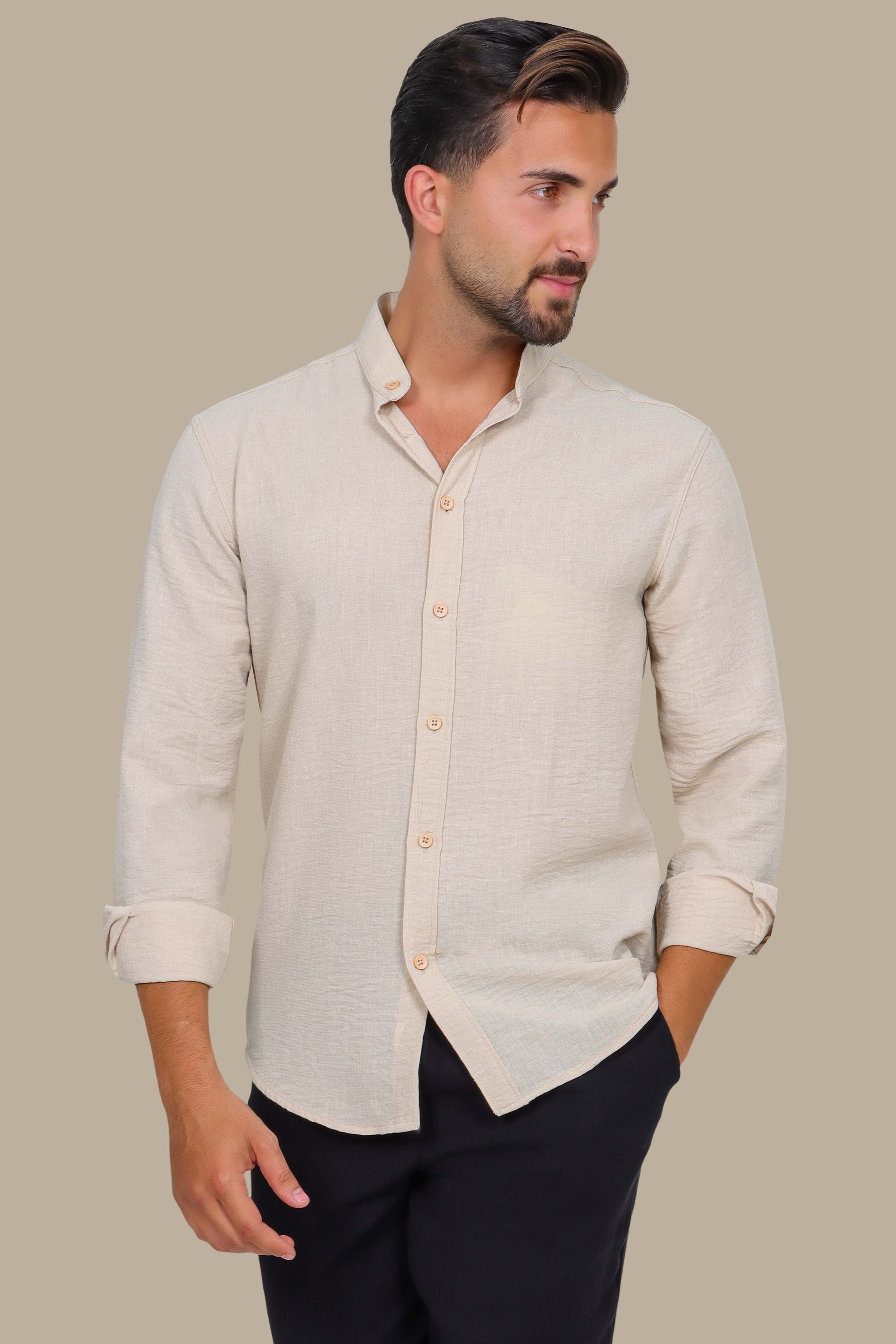 Beige Linen Aerobin Shirt with Mao Collar