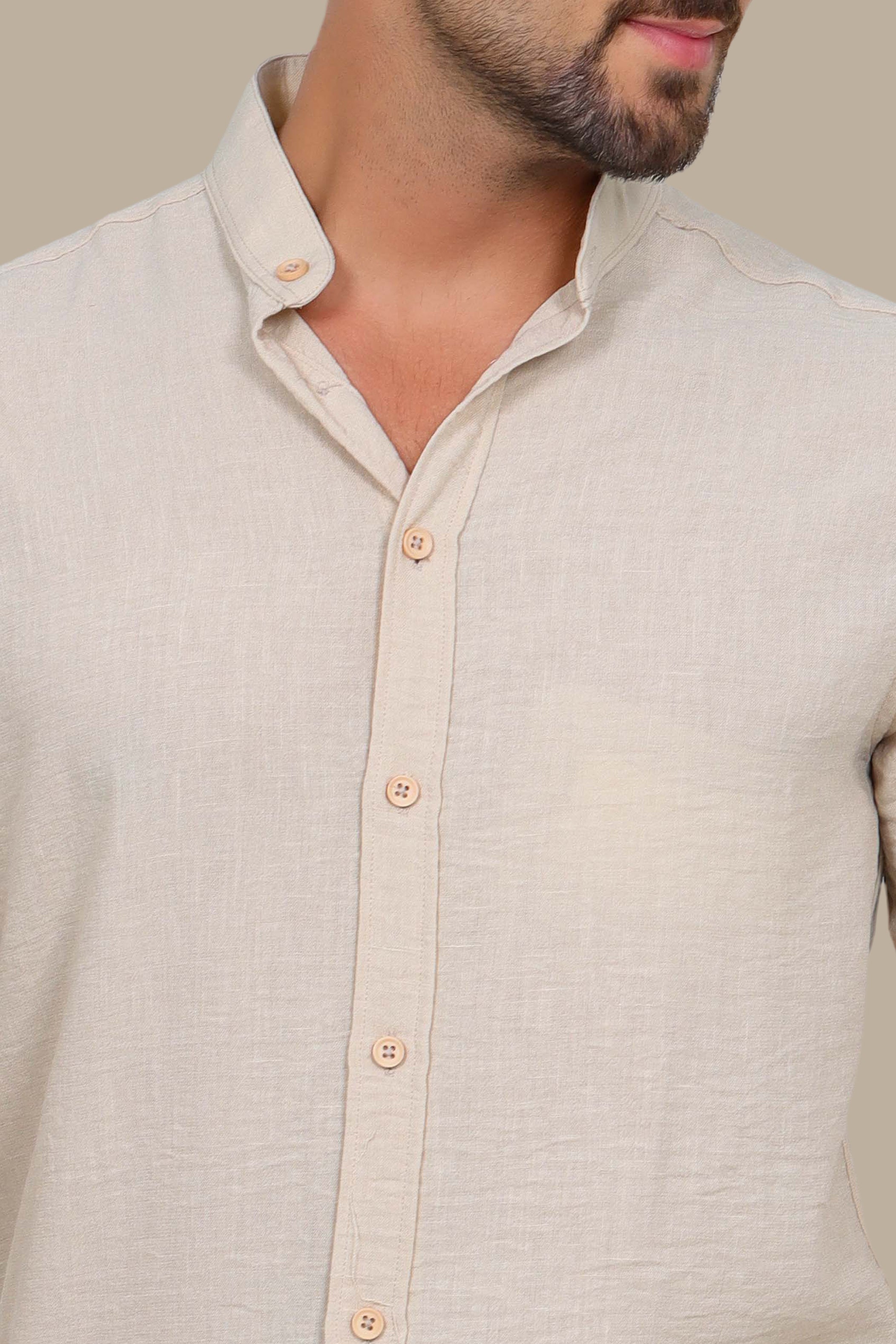Beige Linen Aerobin Shirt with Mao Collar