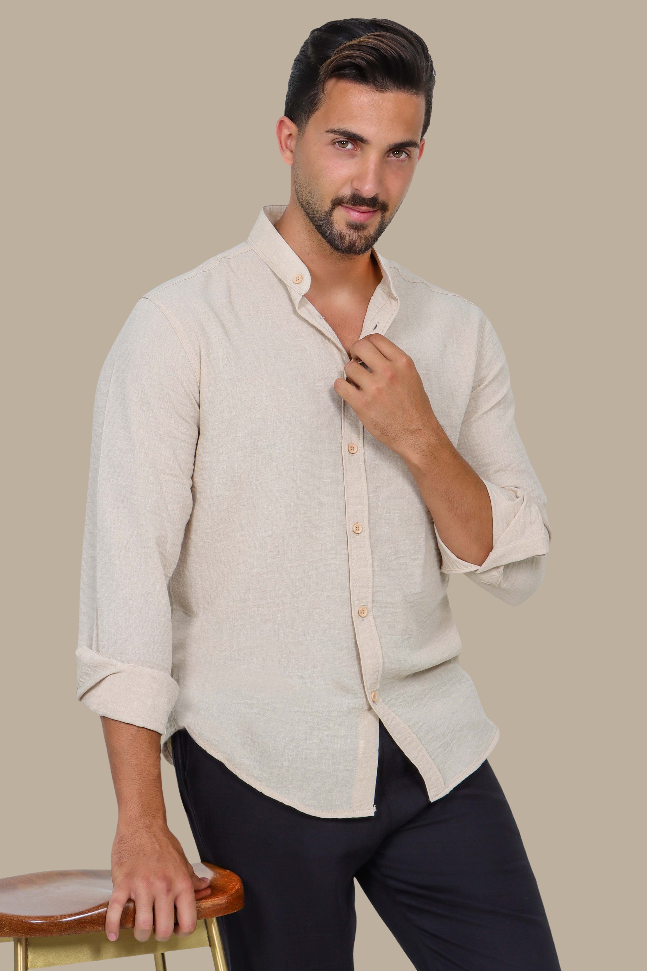Beige Linen Aerobin Shirt with Mao Collar